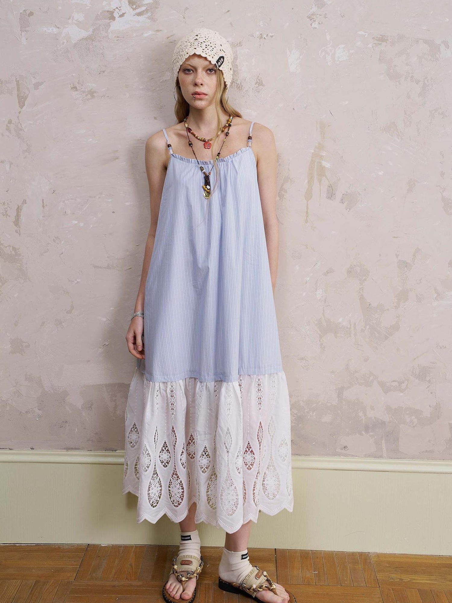 DIDDI MODA Romantic Lace Trim Floral Embroidery A Line Summer Dress