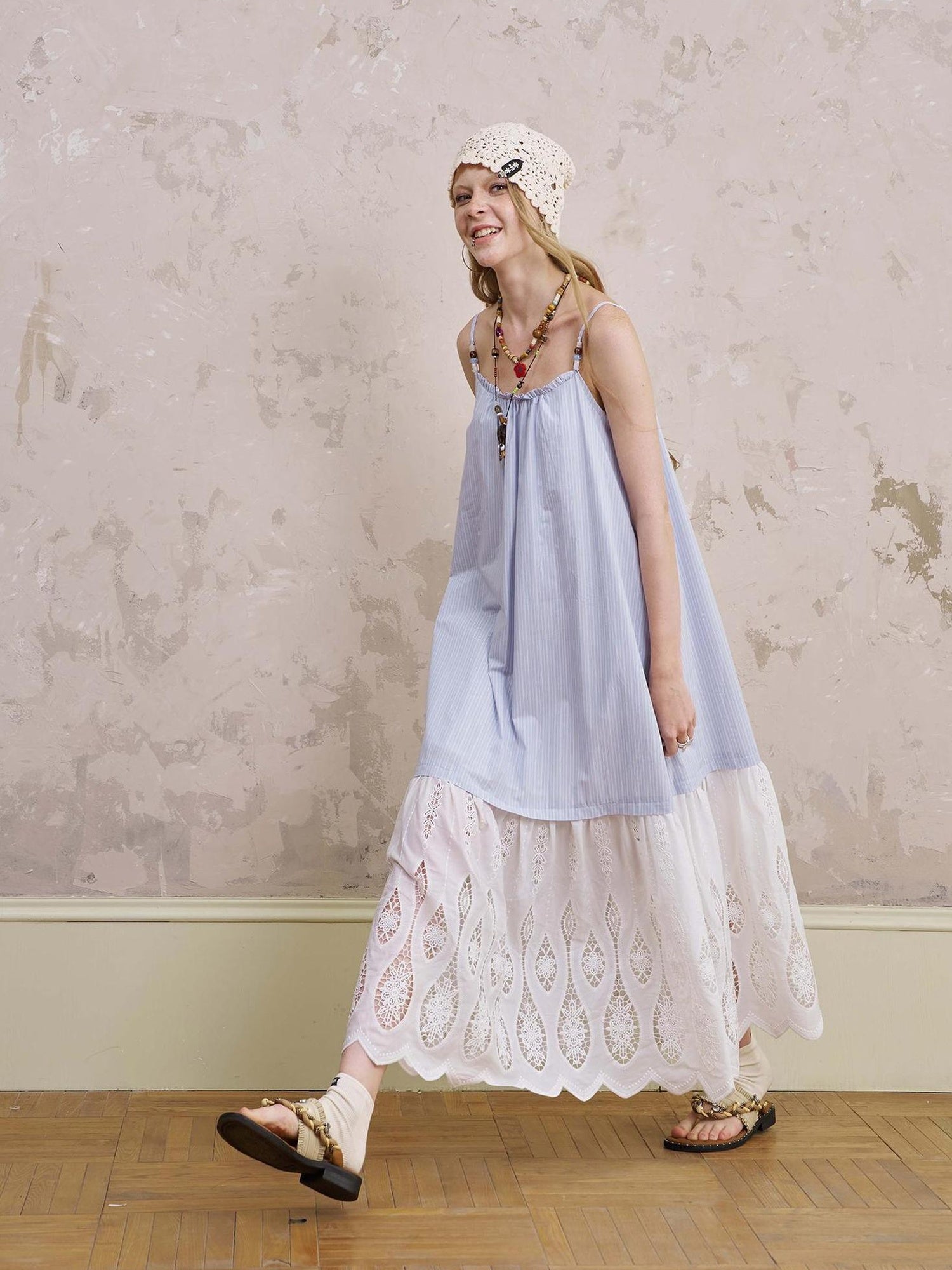 DIDDI MODA Romantic Lace Trim Floral Embroidery A Line Summer Dress