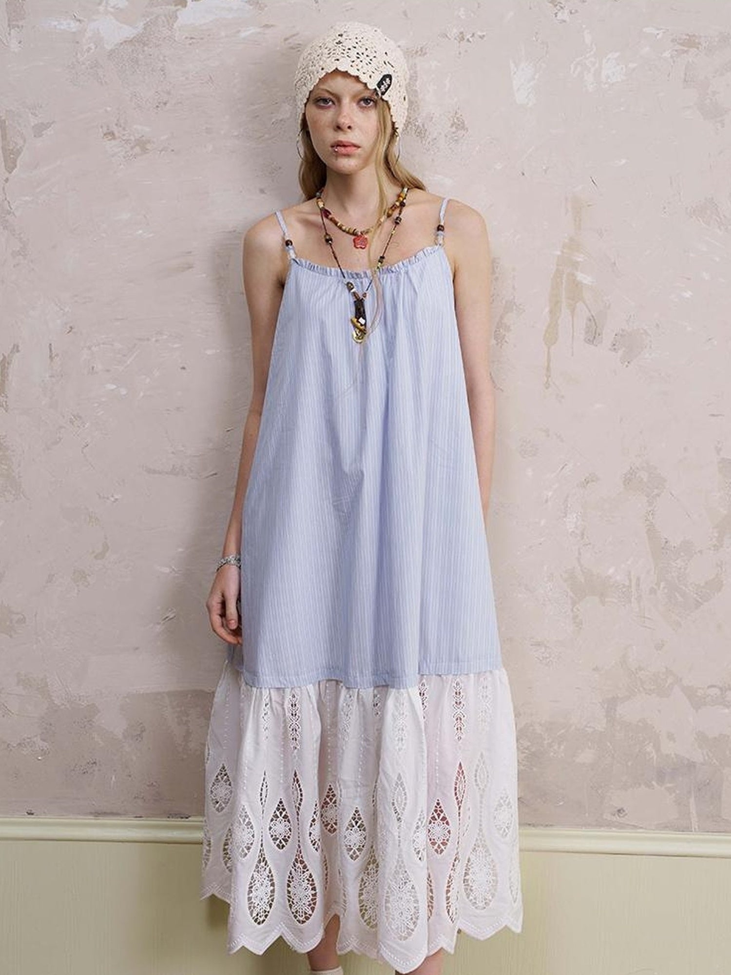 DIDDI MODA Romantic Lace Trim Floral Embroidery A Line Summer Dress