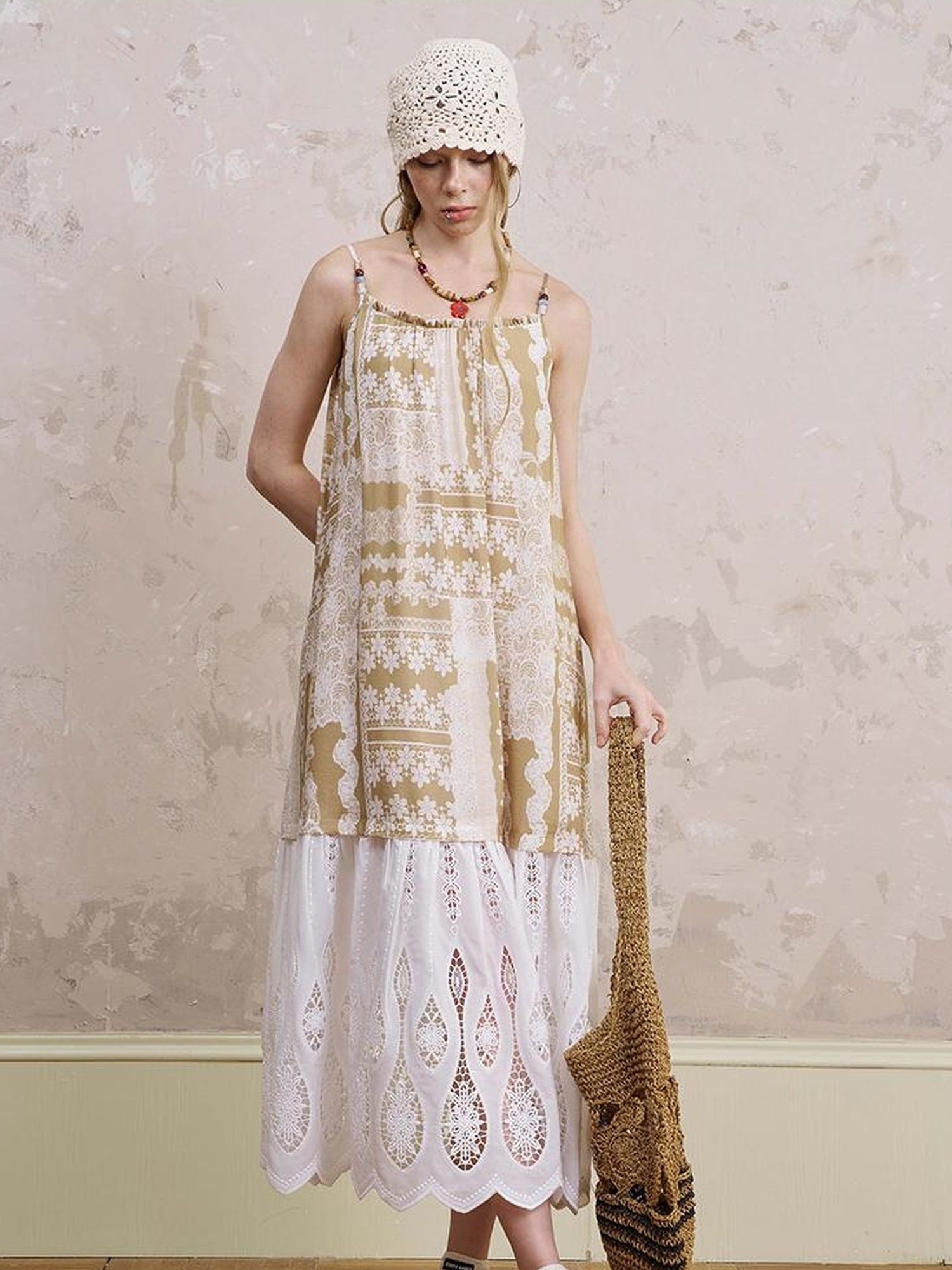 DIDDI MODA Romantic Lace Trim Floral Embroidery A Line Summer Dress