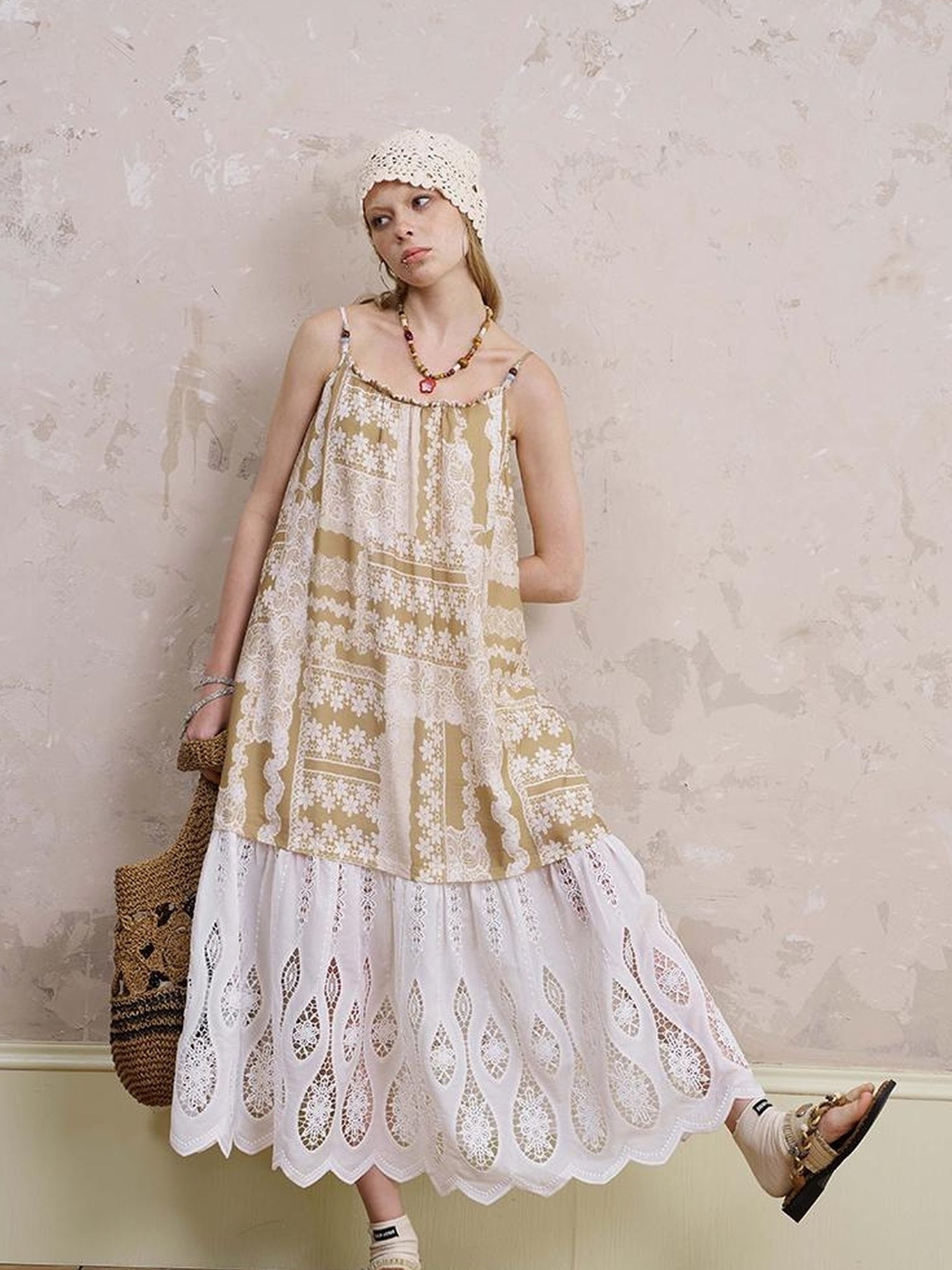 DIDDI MODA Romantic Lace Trim Floral Embroidery A Line Summer Dress