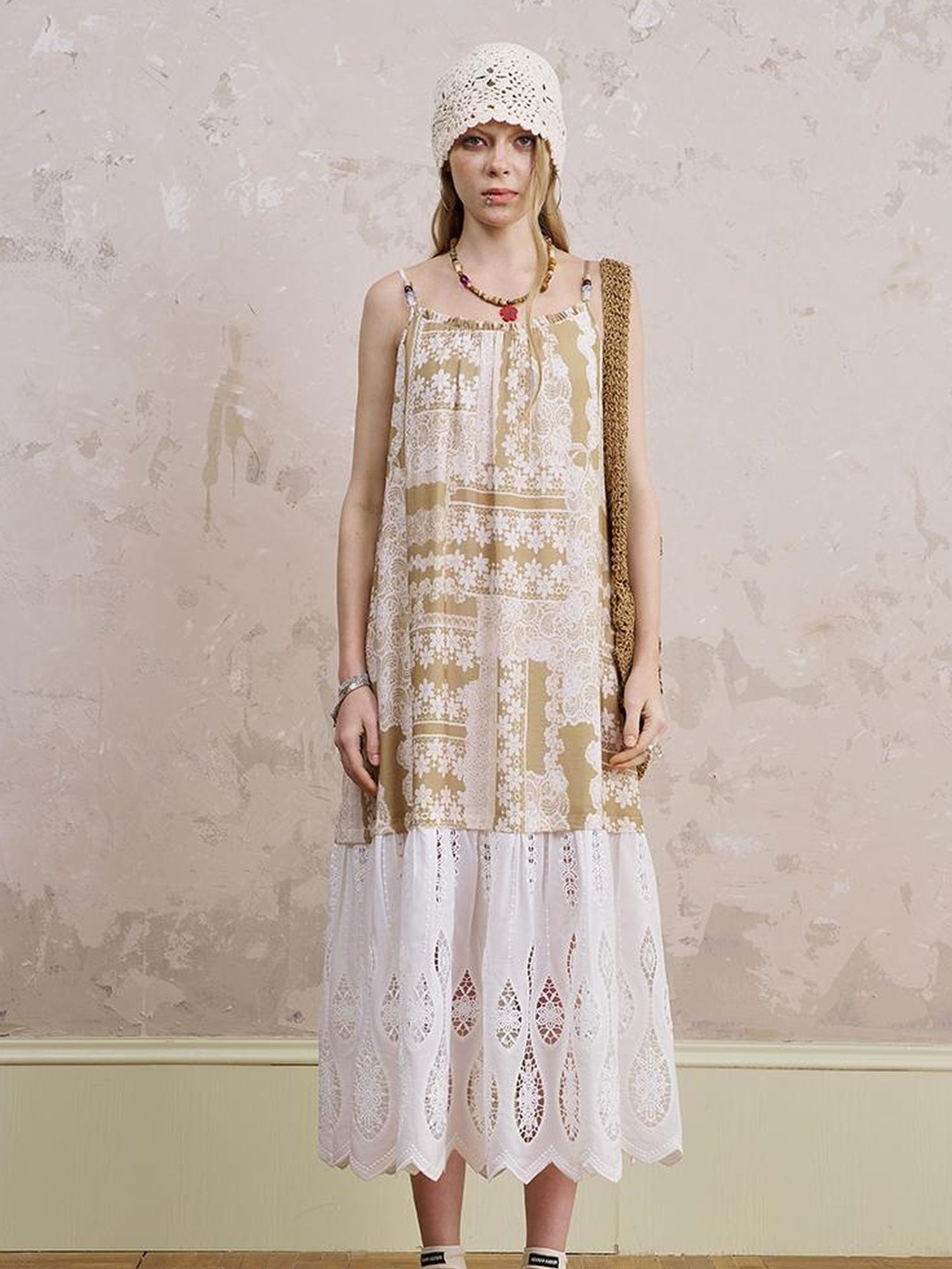 DIDDI MODA Romantic Lace Trim Floral Embroidery A Line Summer Dress