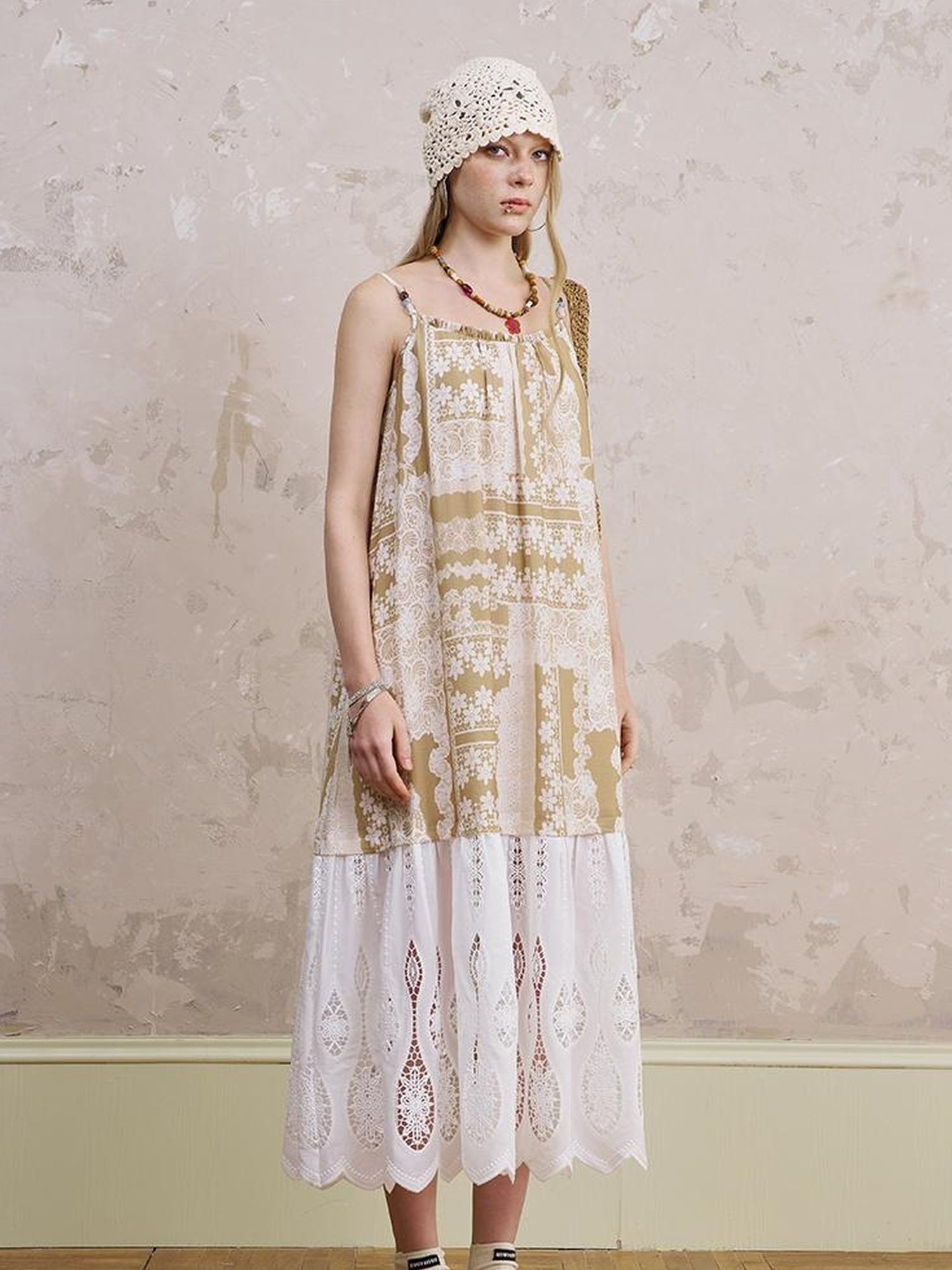 DIDDI MODA Romantic Lace Trim Floral Embroidery A Line Summer Dress