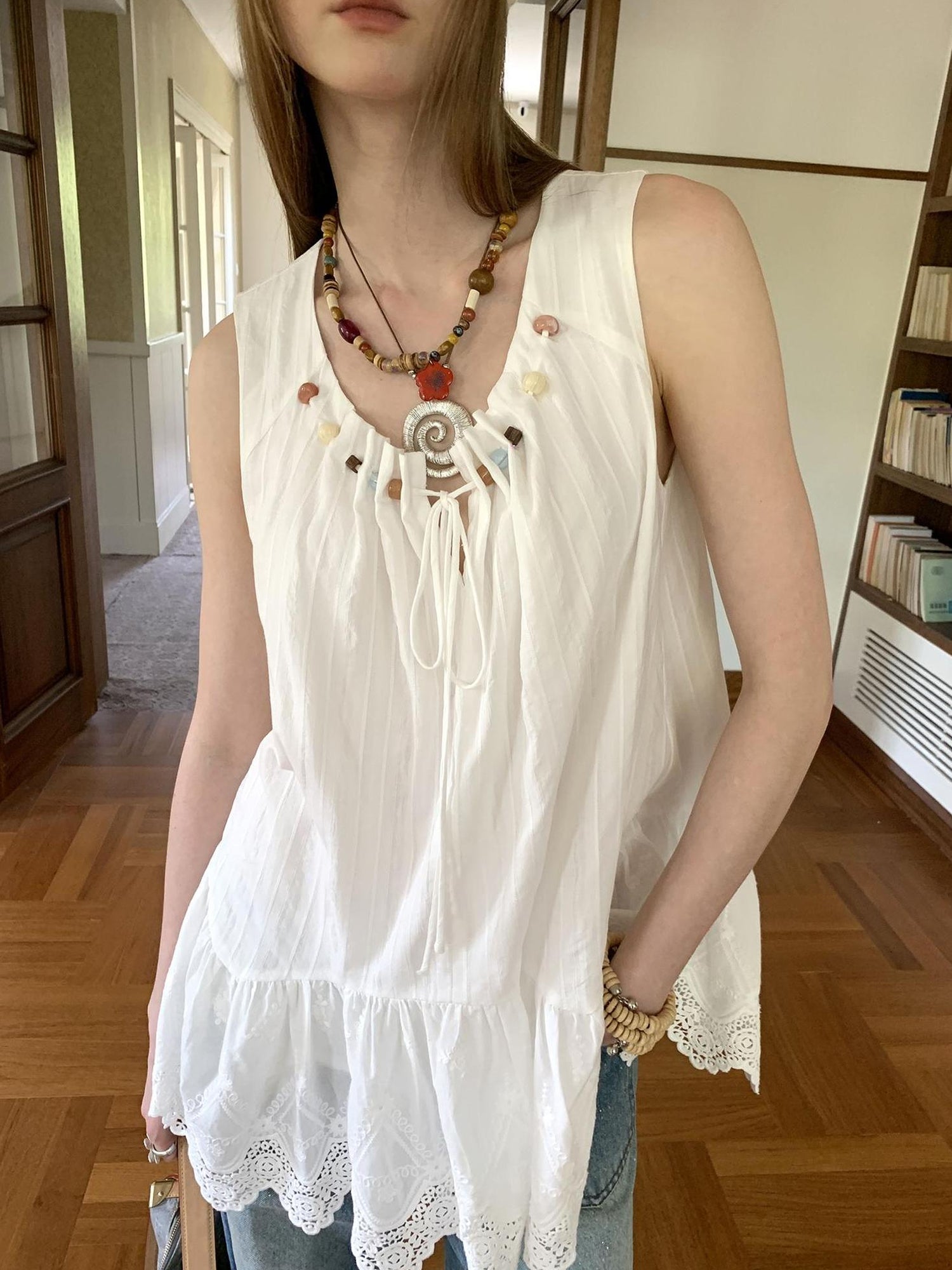 DIDDI MODA Romantic Minimalist Cotton Embroidered Beaded Sundress