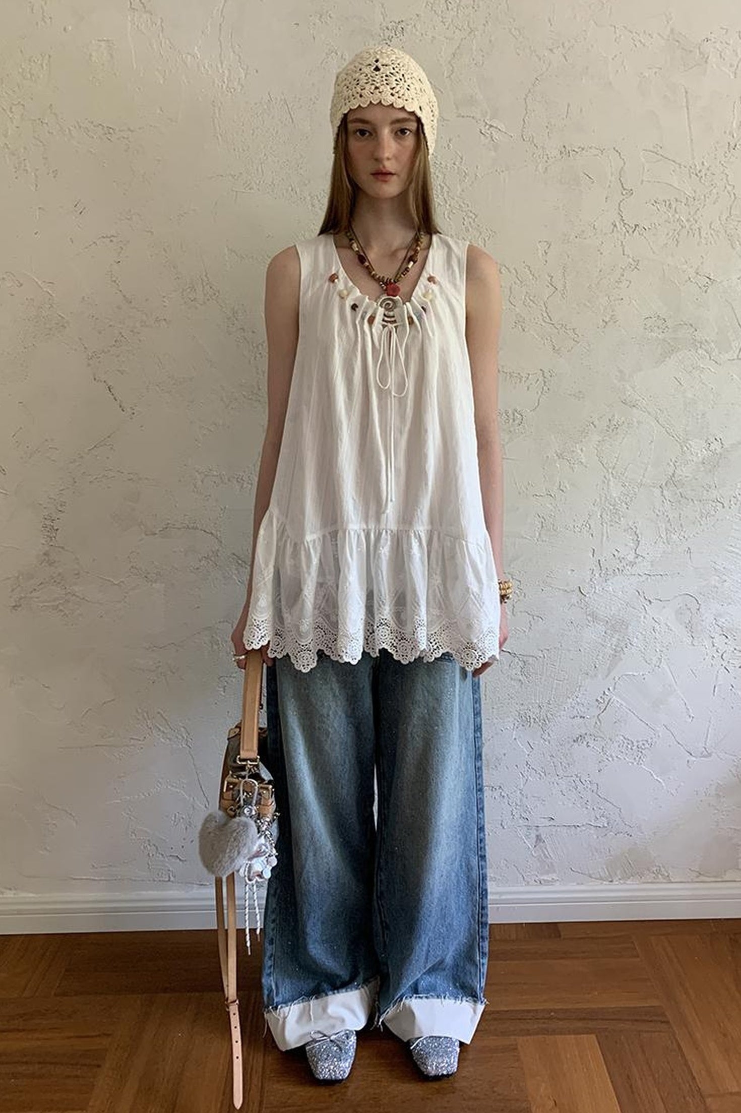 DIDDI MODA Romantic Minimalist Cotton Embroidered Beaded Sundress