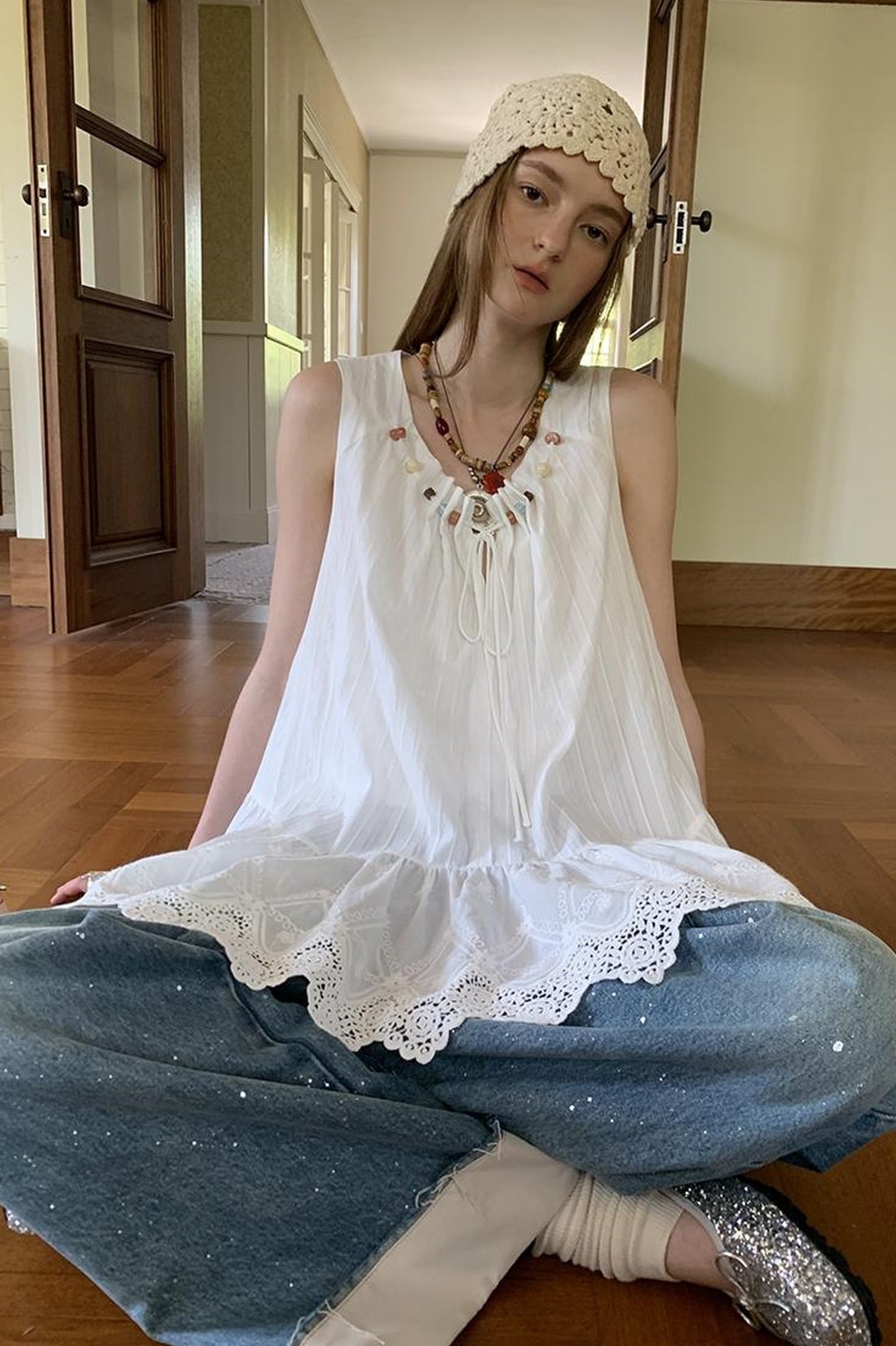 DIDDI MODA Romantic Minimalist Cotton Embroidered Beaded Sundress
