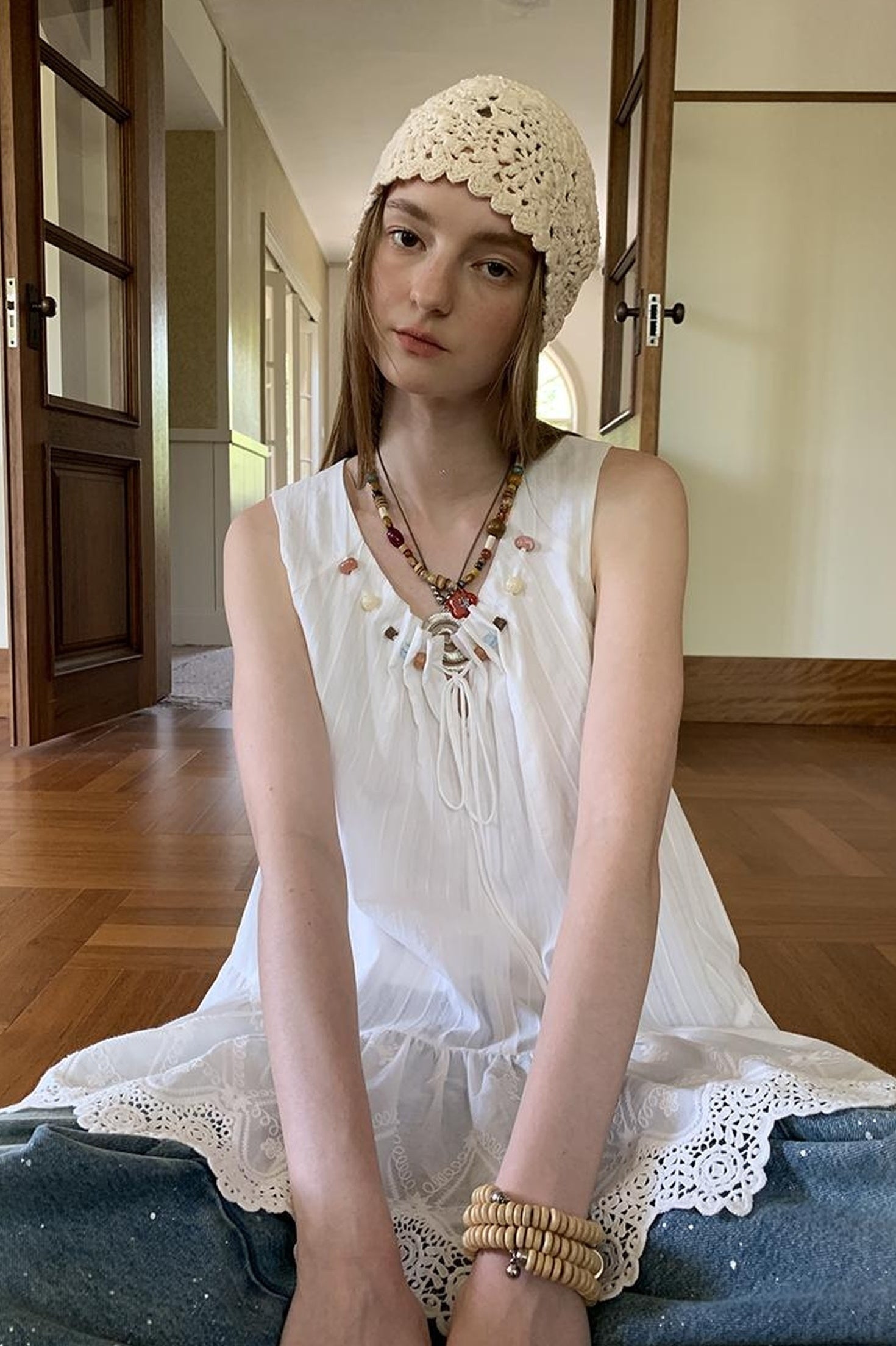 DIDDI MODA Romantic Minimalist Cotton Embroidered Beaded Sundress