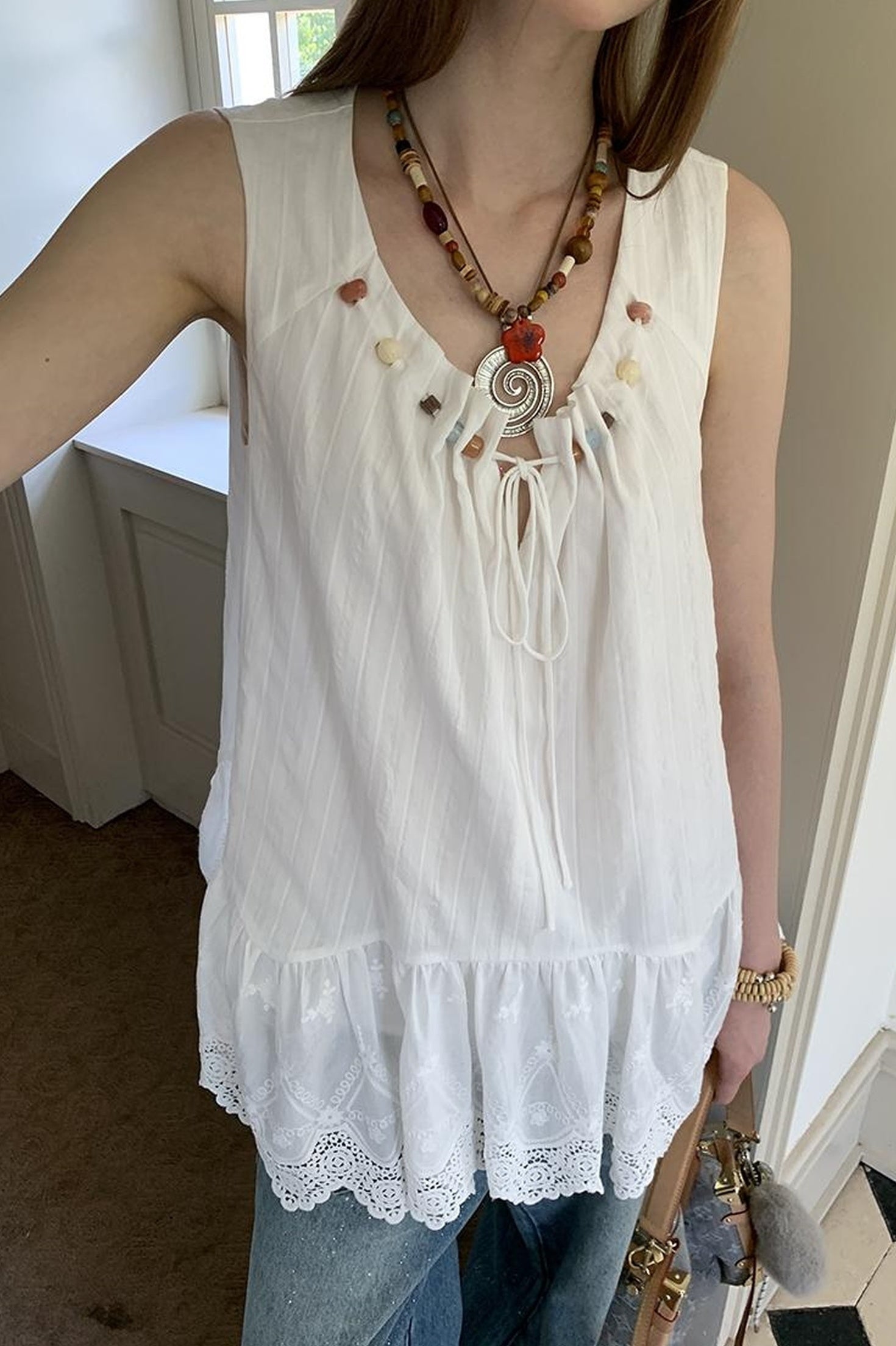 DIDDI MODA Romantic Minimalist Cotton Embroidered Beaded Sundress