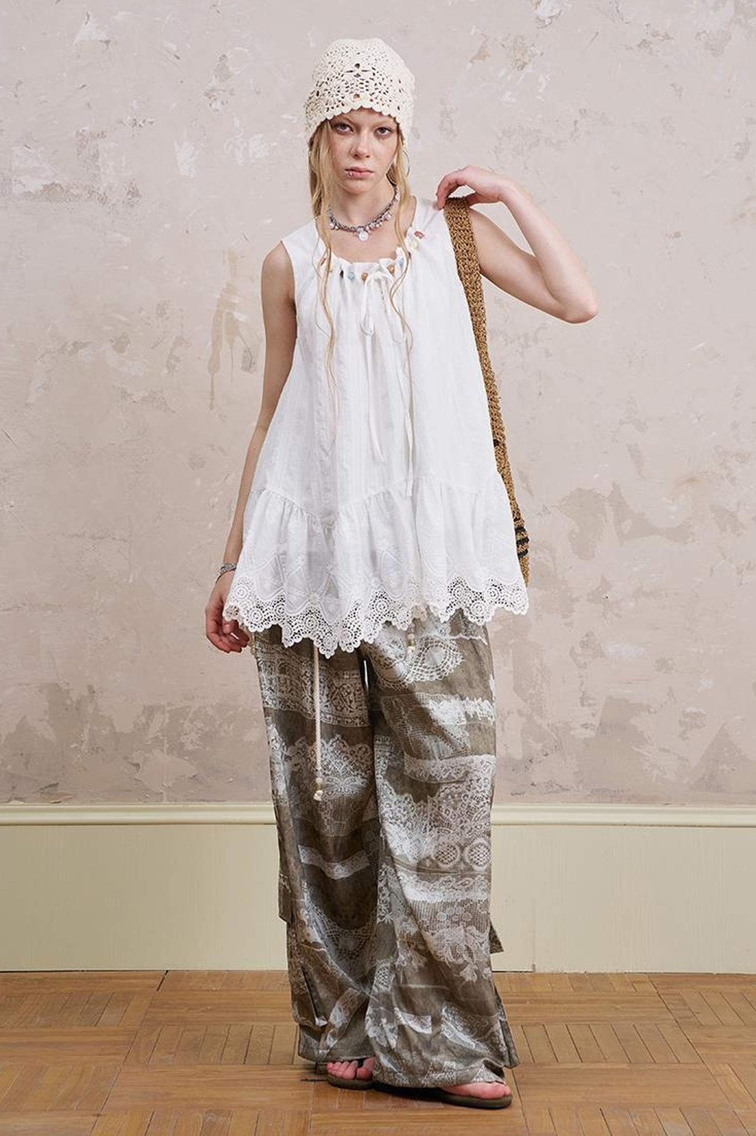 DIDDI MODA Romantic Minimalist Cotton Embroidered Beaded Sundress