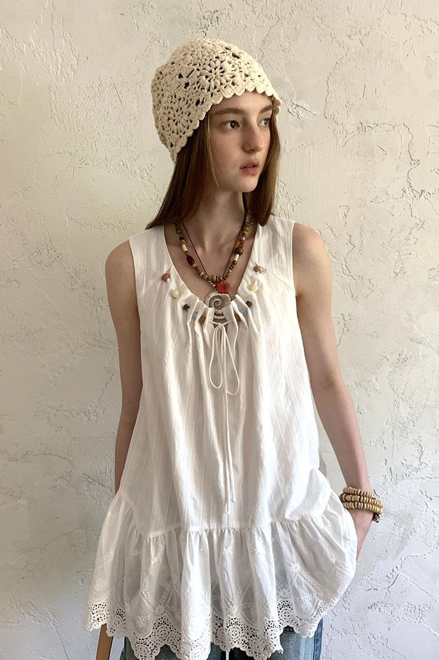 DIDDI MODA Romantic Minimalist Cotton Embroidered Beaded Sundress