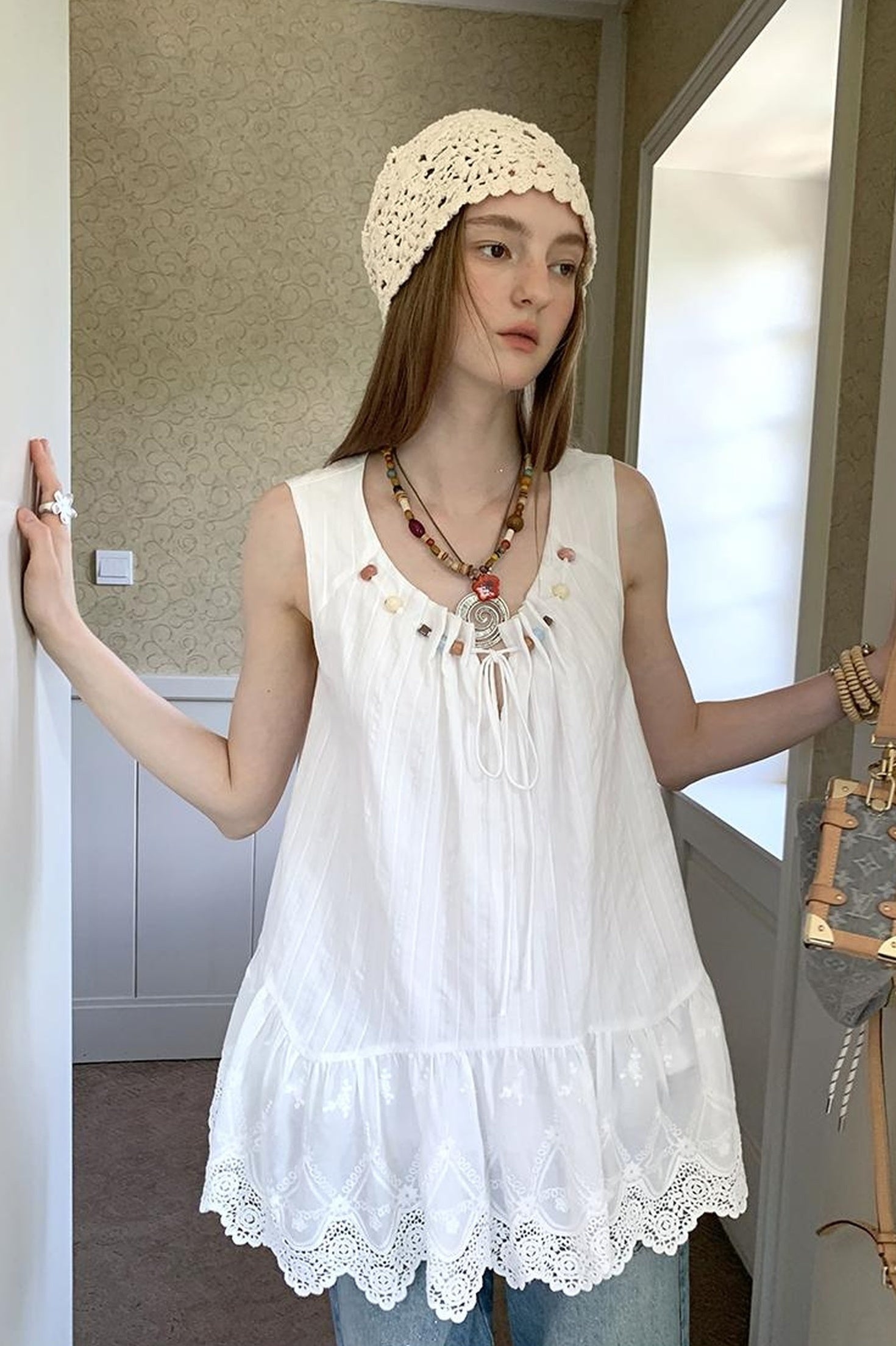 DIDDI MODA Romantic Minimalist Cotton Embroidered Beaded Sundress