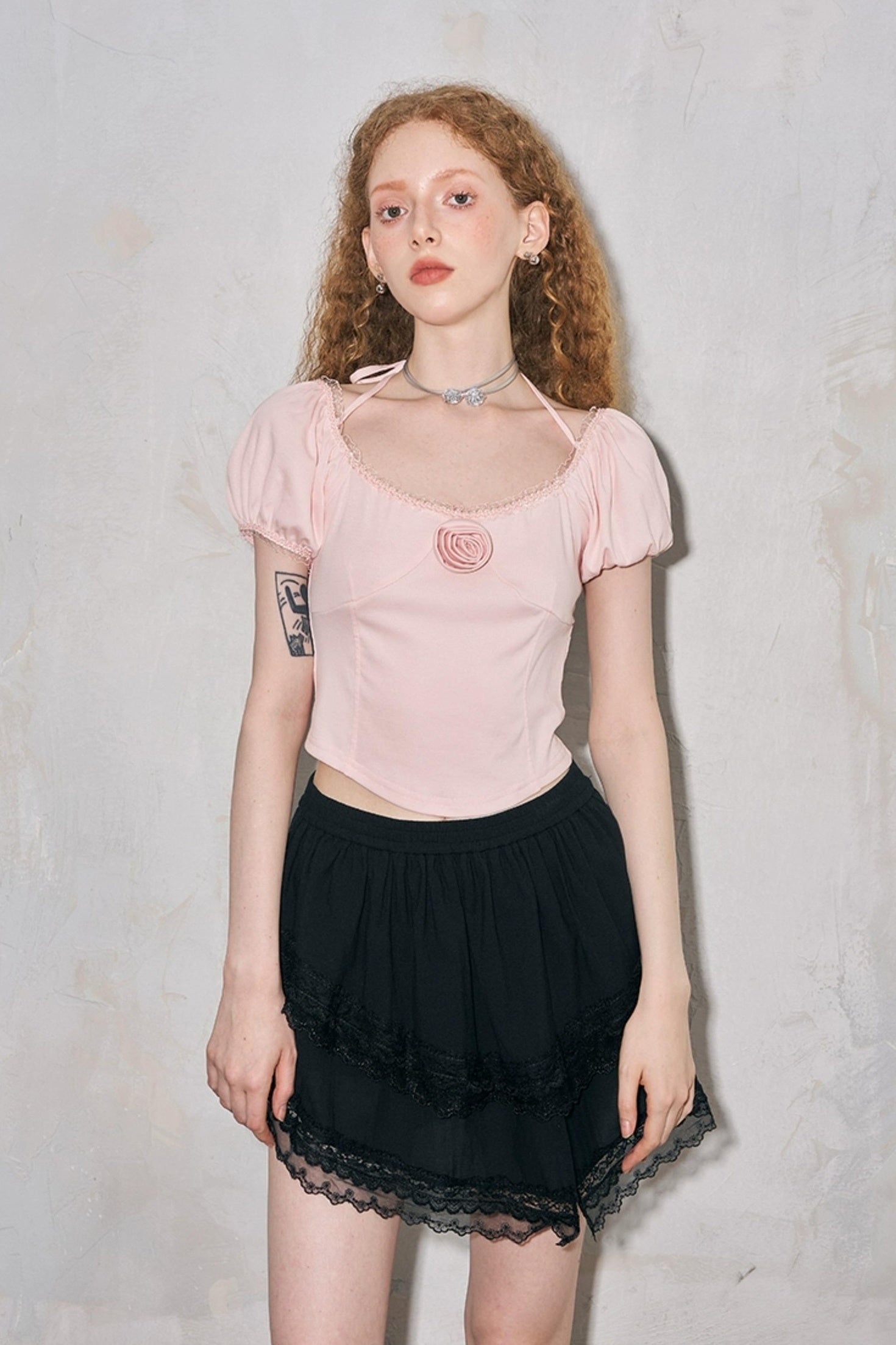 DIDDI MODA Rose Pure Knit Top With Puff Sleeves And Square Neck