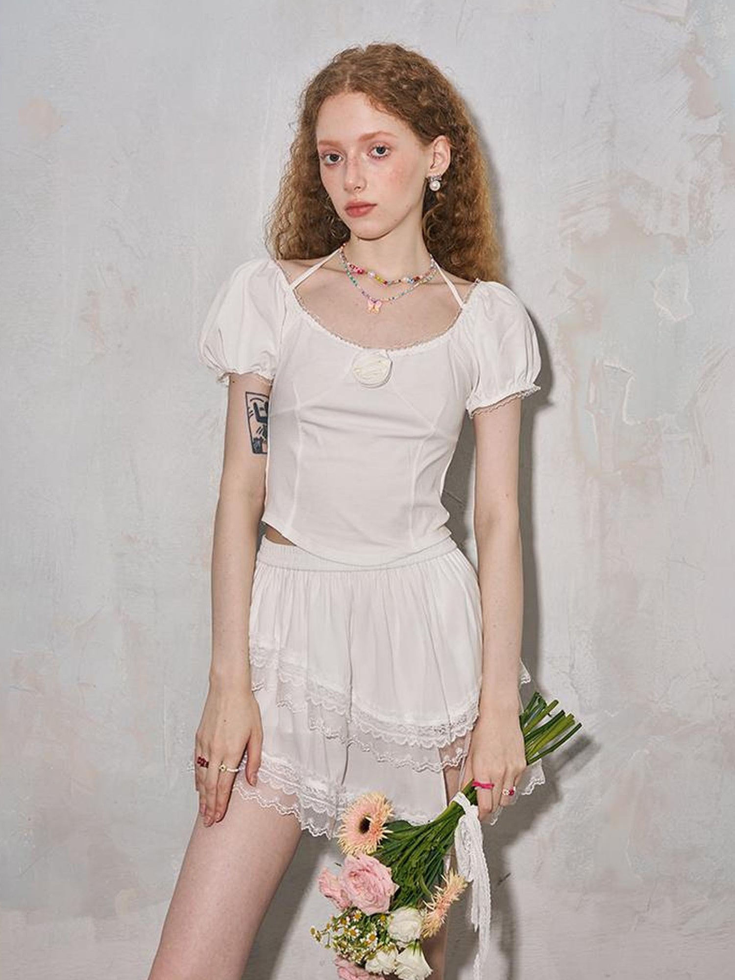 DIDDI MODA Rose Pure Knit Top With Puff Sleeves And Square Neck