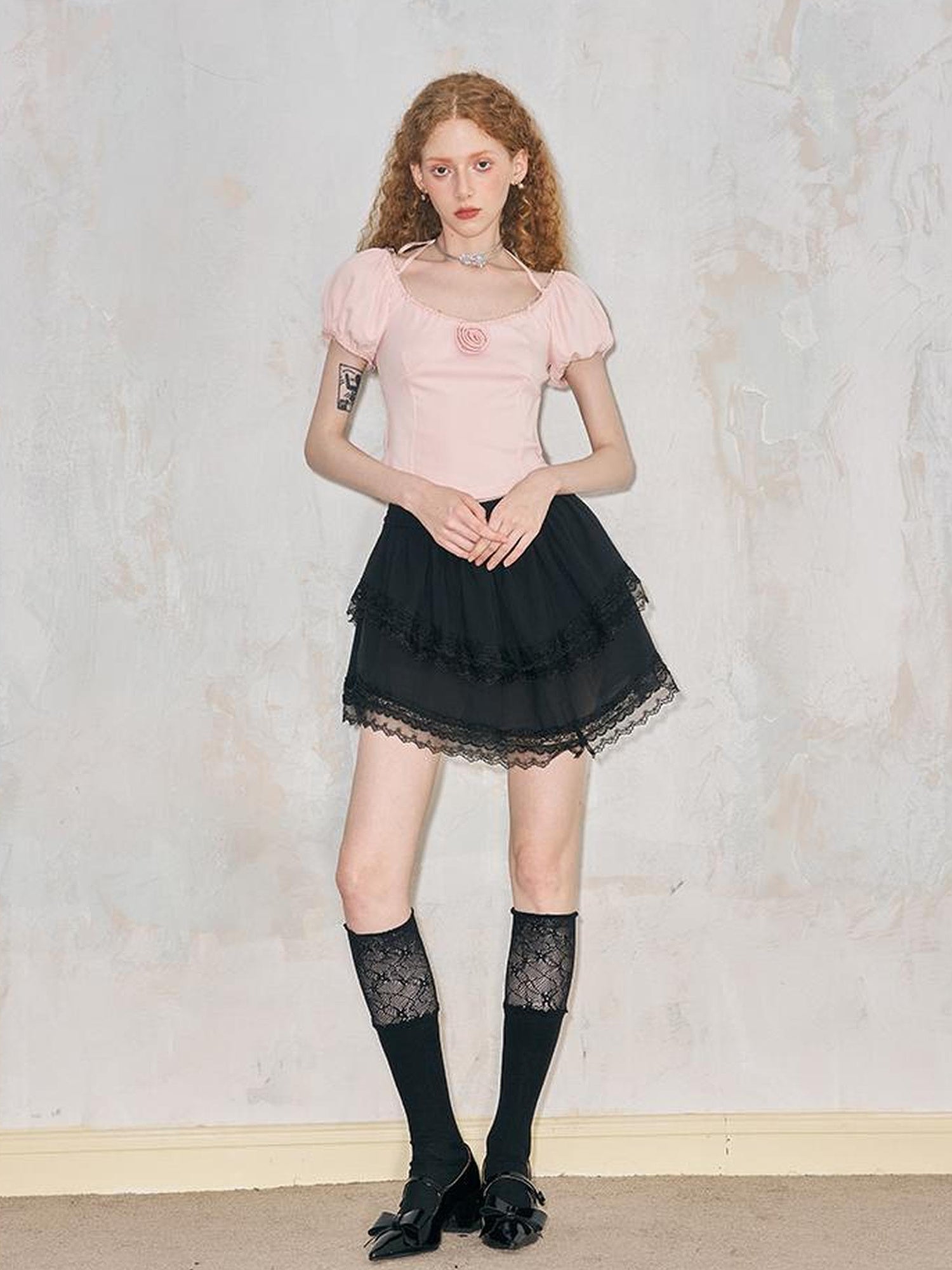 DIDDI MODA Rose Pure Knit Top With Puff Sleeves And Square Neck