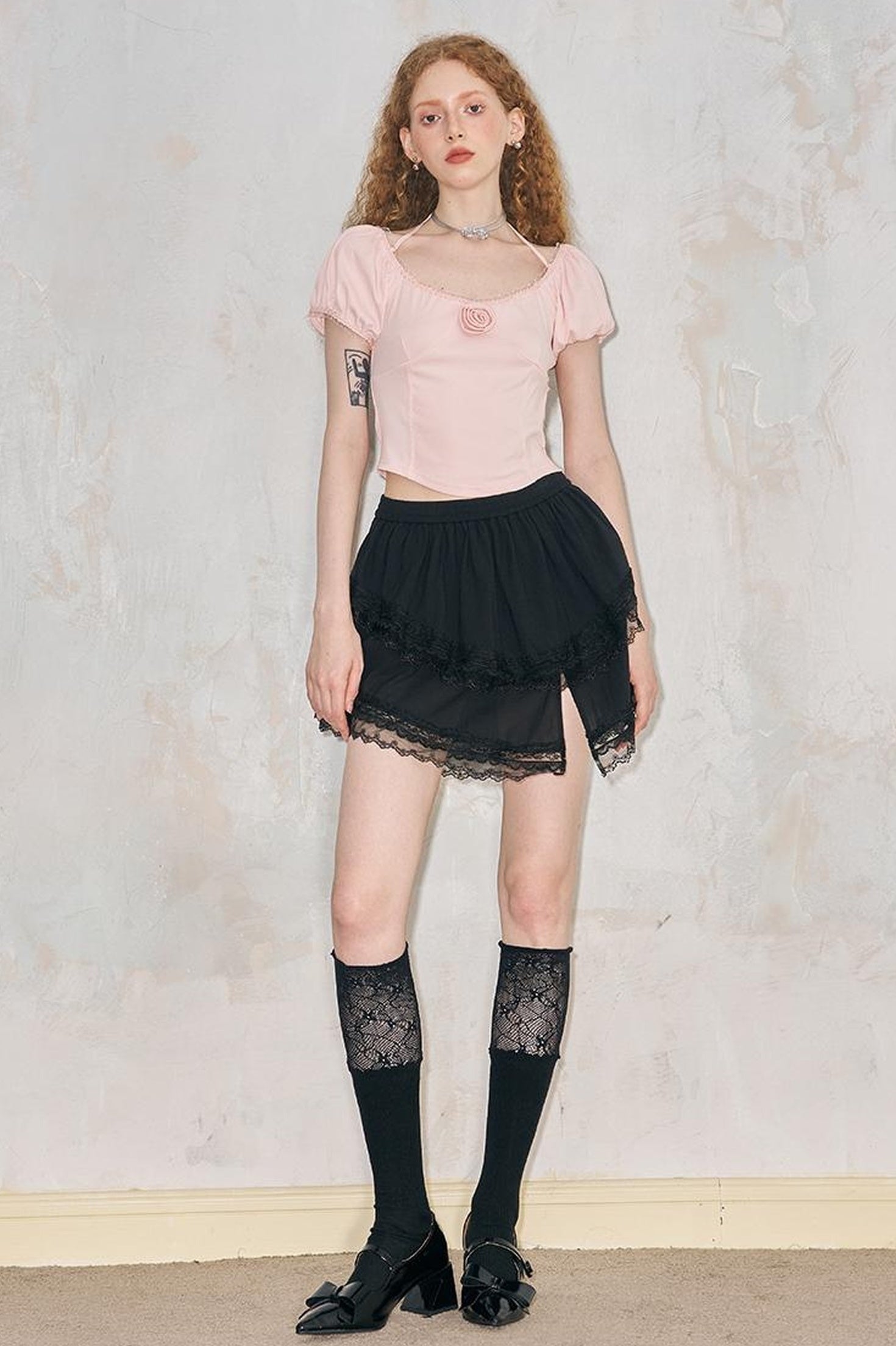 DIDDI MODA Rose Pure Knit Top With Puff Sleeves And Square Neck