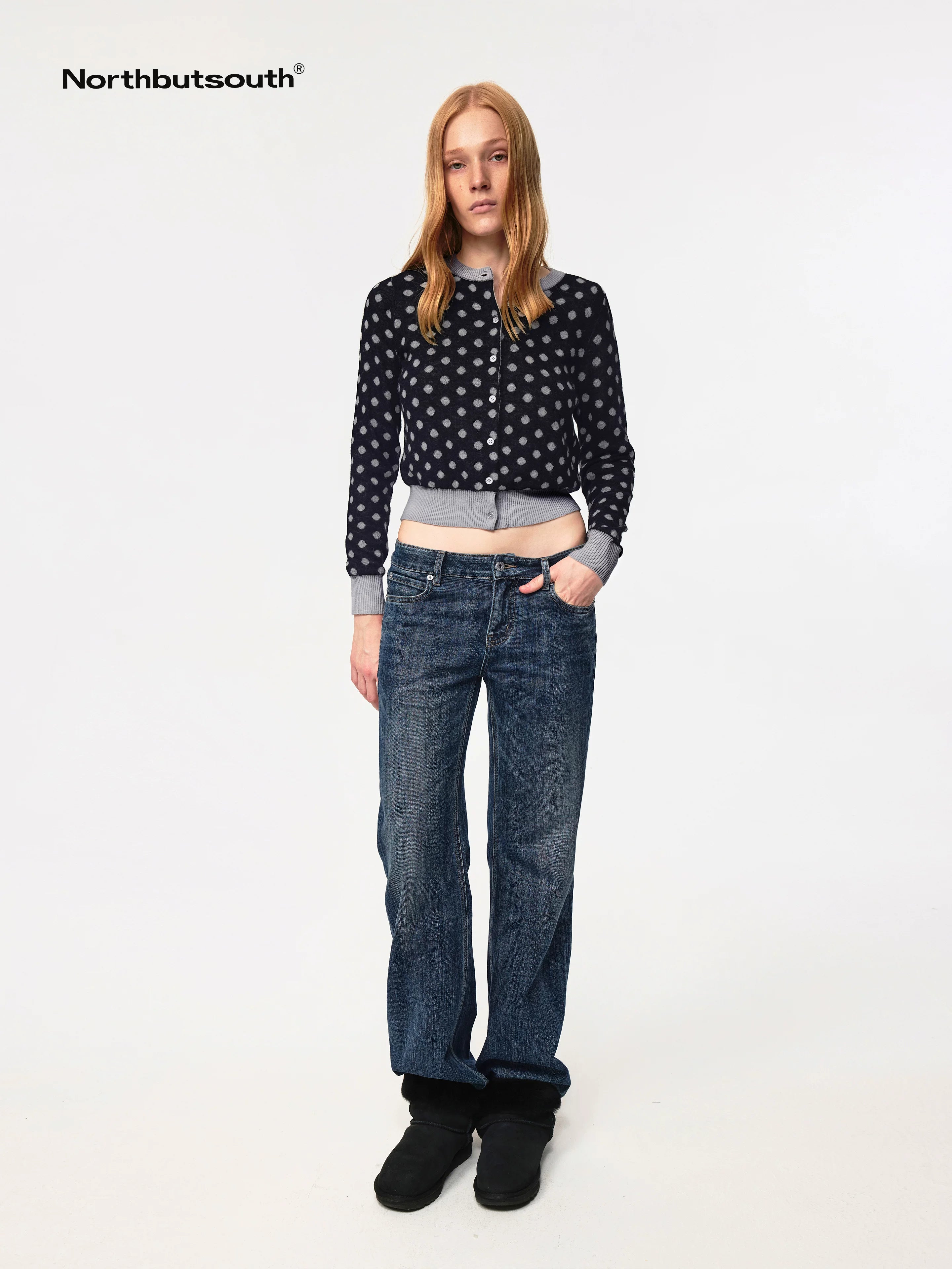 Round Neck Black Gray Polka Dot Waist Cropped Cardigan