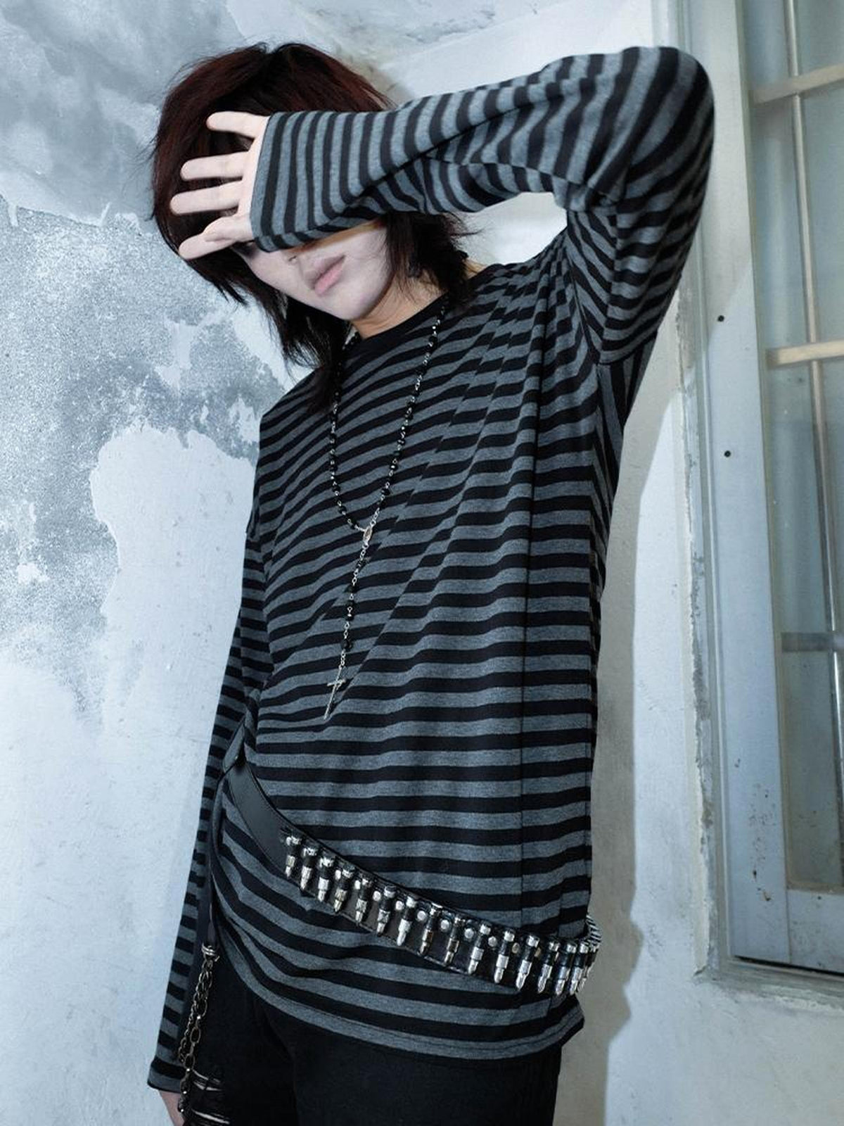 Rs by RebelSeed Black Gray Striped Drop Shoulder Punk Women&