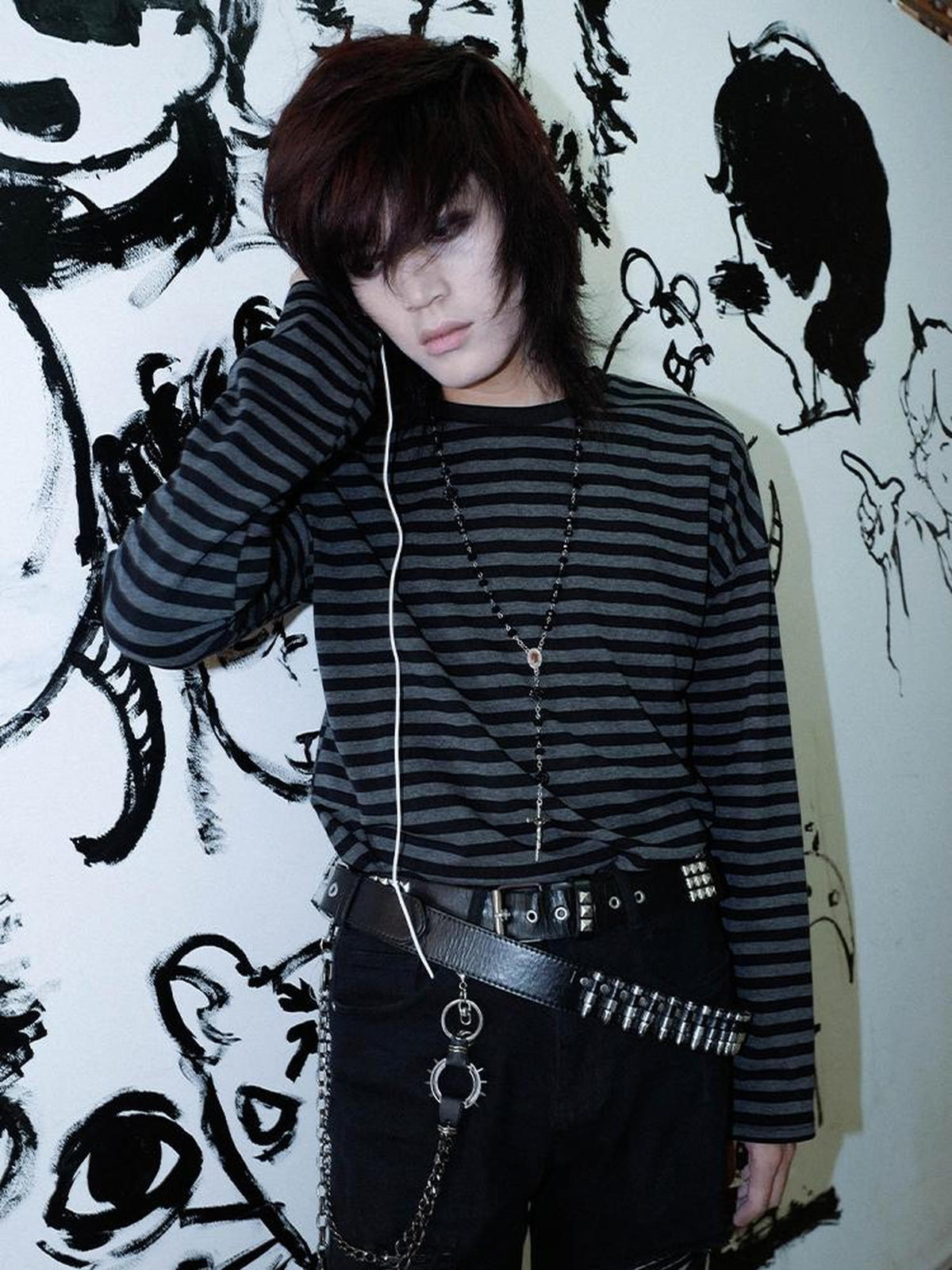 Rs by RebelSeed Black Gray Striped Drop Shoulder Punk Women&
