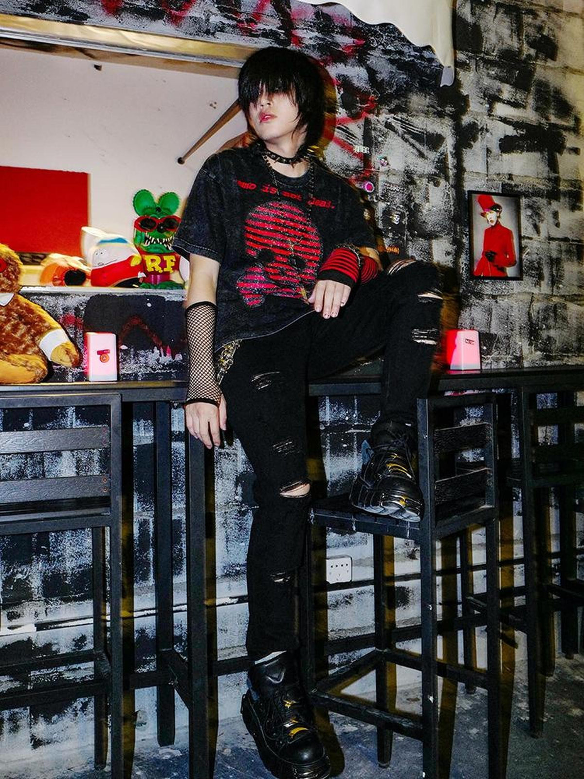 Rs by RebelSeed Distressed Skull Striped Heat Transfer Women&