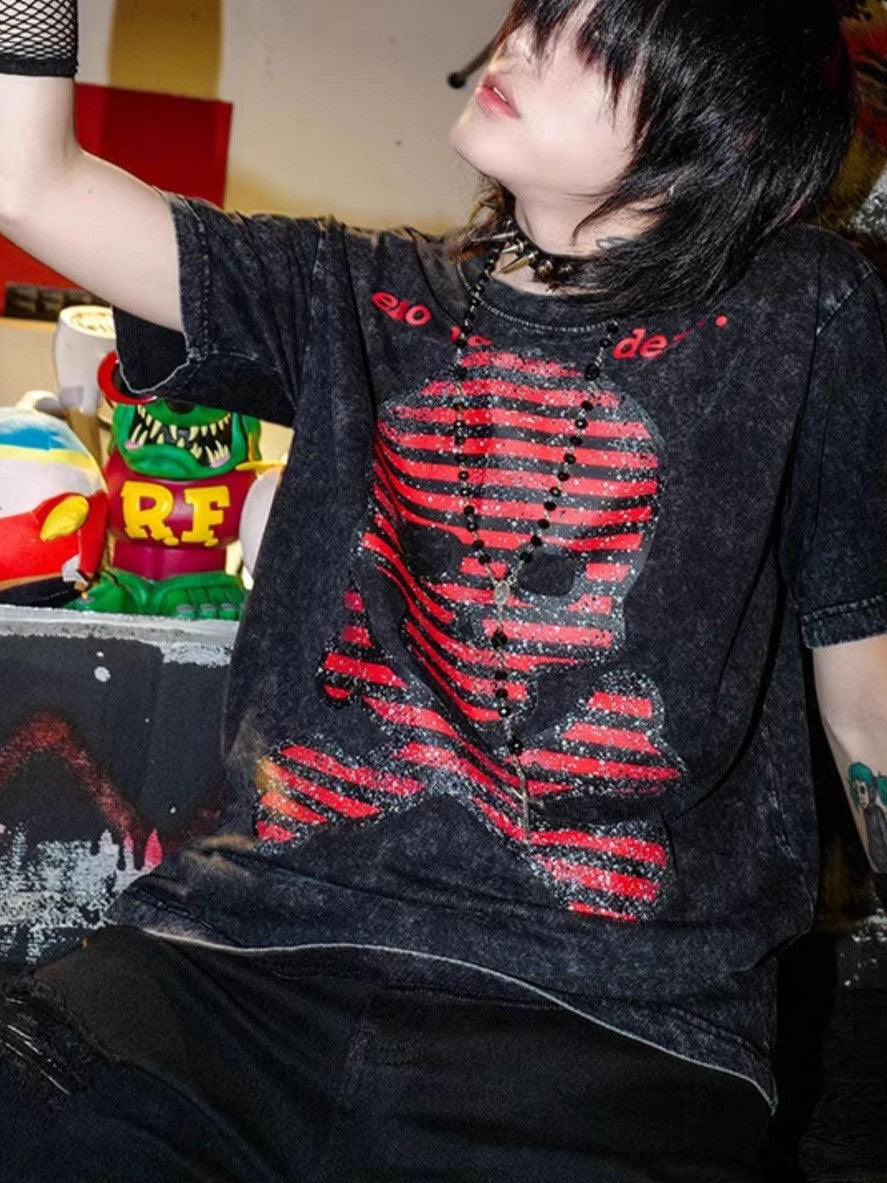 Rs by RebelSeed Distressed Skull Striped Heat Transfer Women&
