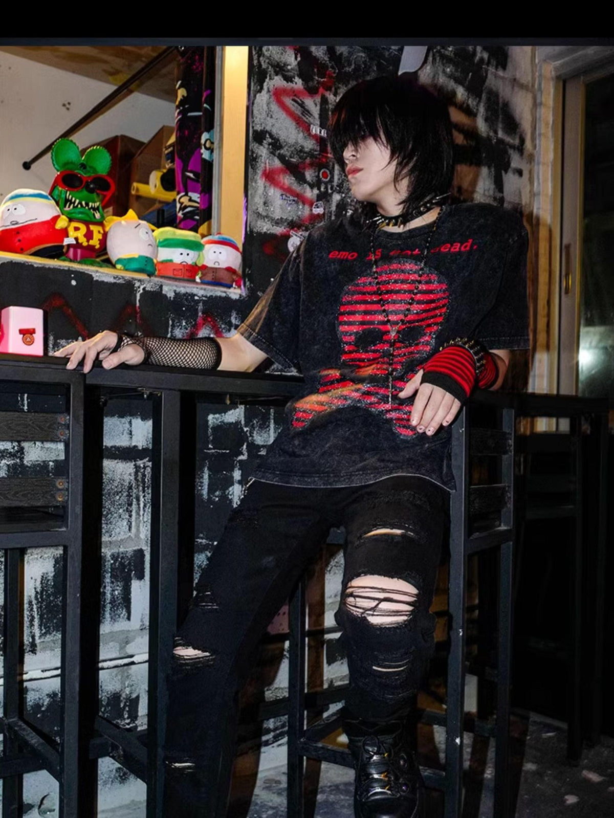 Rs by RebelSeed Distressed Skull Striped Heat Transfer Women&