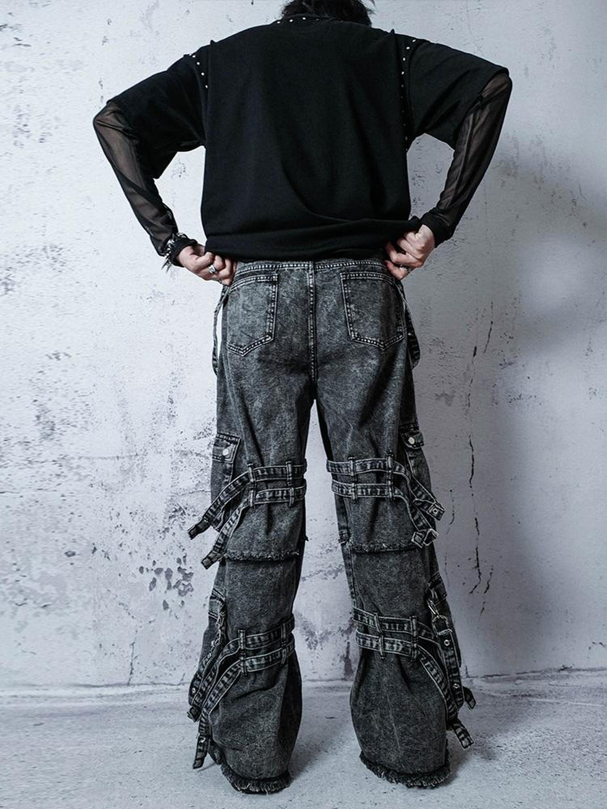 Rs by RebelSeed Punk Embroidered Studded Strap Multi Pocket Ripped Women&