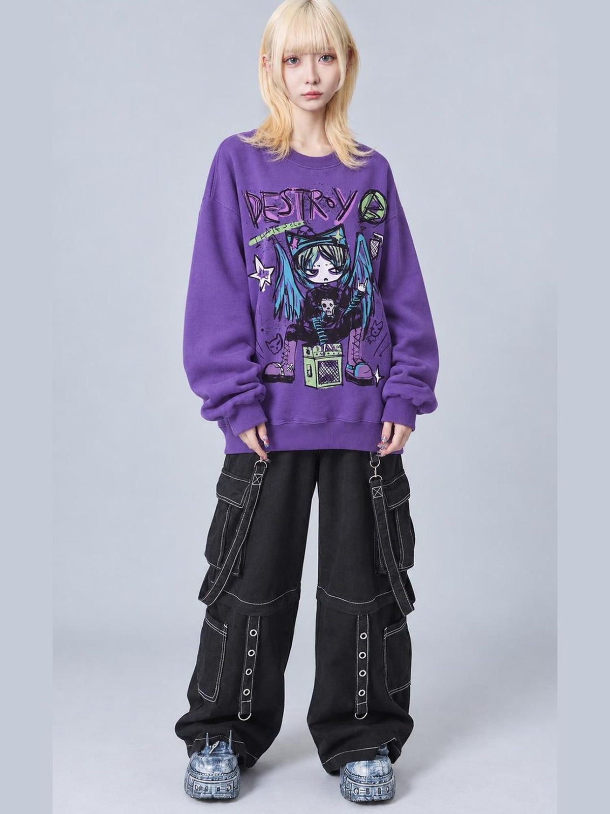 Rs by RebelSeed Purple Round Neck Anime Print Loose Fleece Women&