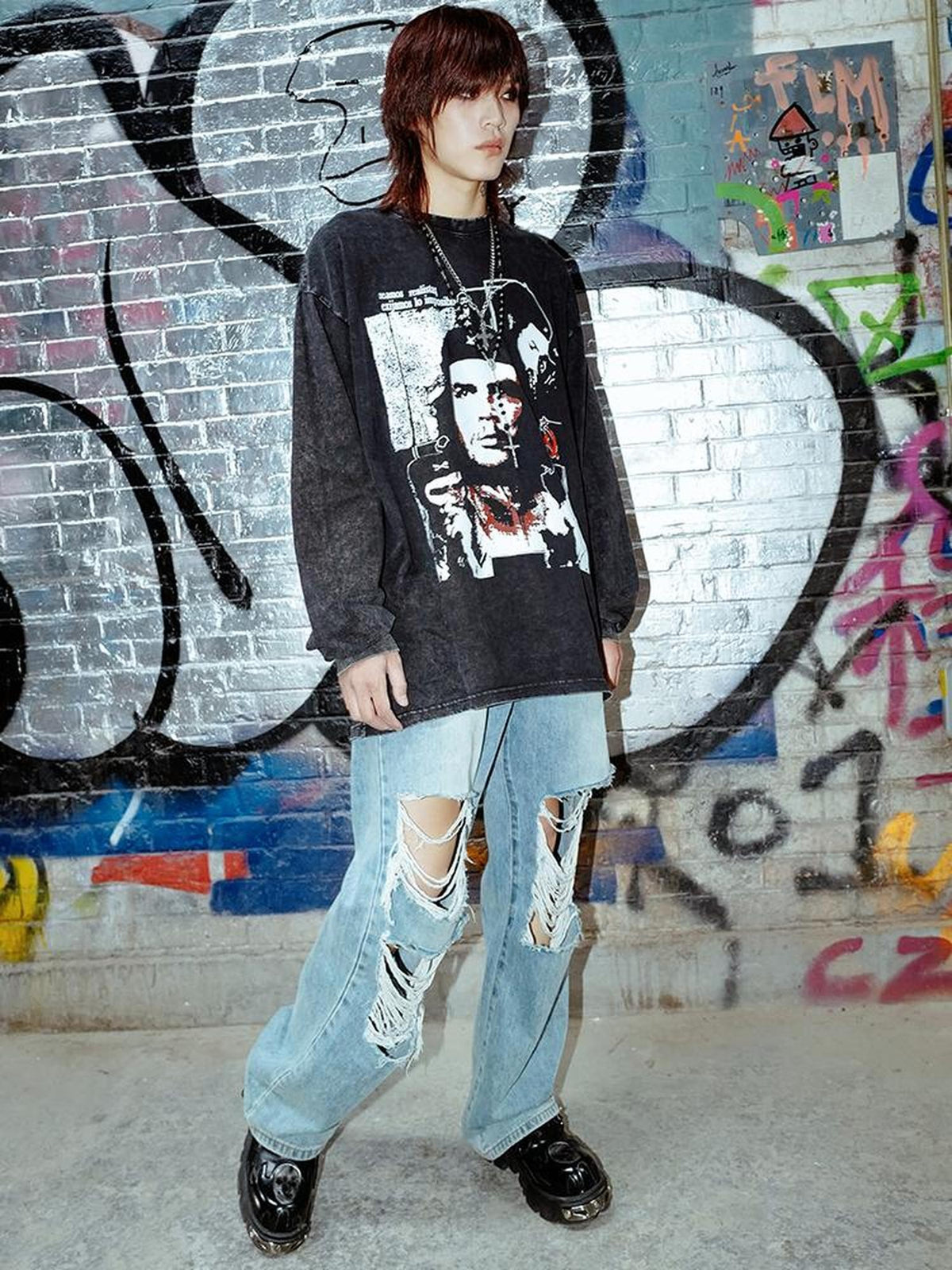 Rs by RebelSeed Washed Distressed Guevara Print Wax Dye Women&