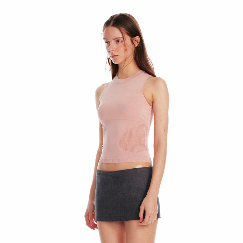 ALINNV STUDIO Irregular Cutout Semi Sheer Knit Vest V Neck T Shirt Long Sleeve