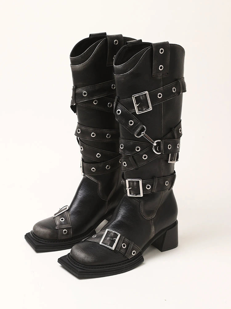 Vintage Black Brown Chunky Heel Knee High Boots