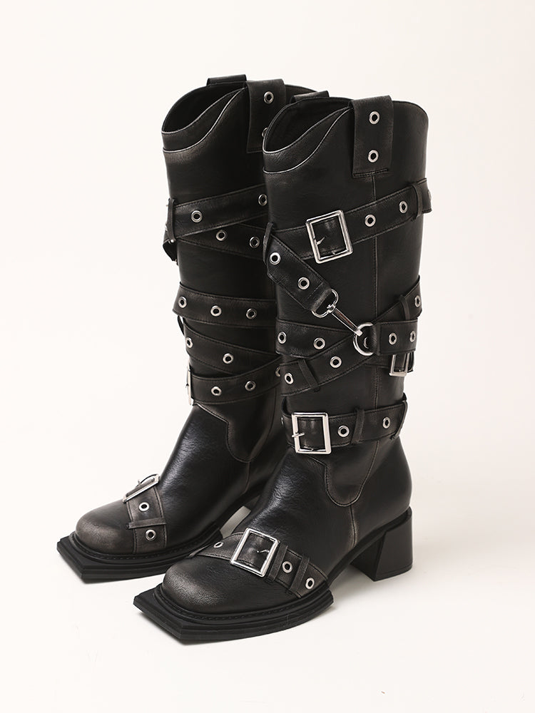 2th Desire Vintage Black Brown Chunky Heel Knee High Boots
