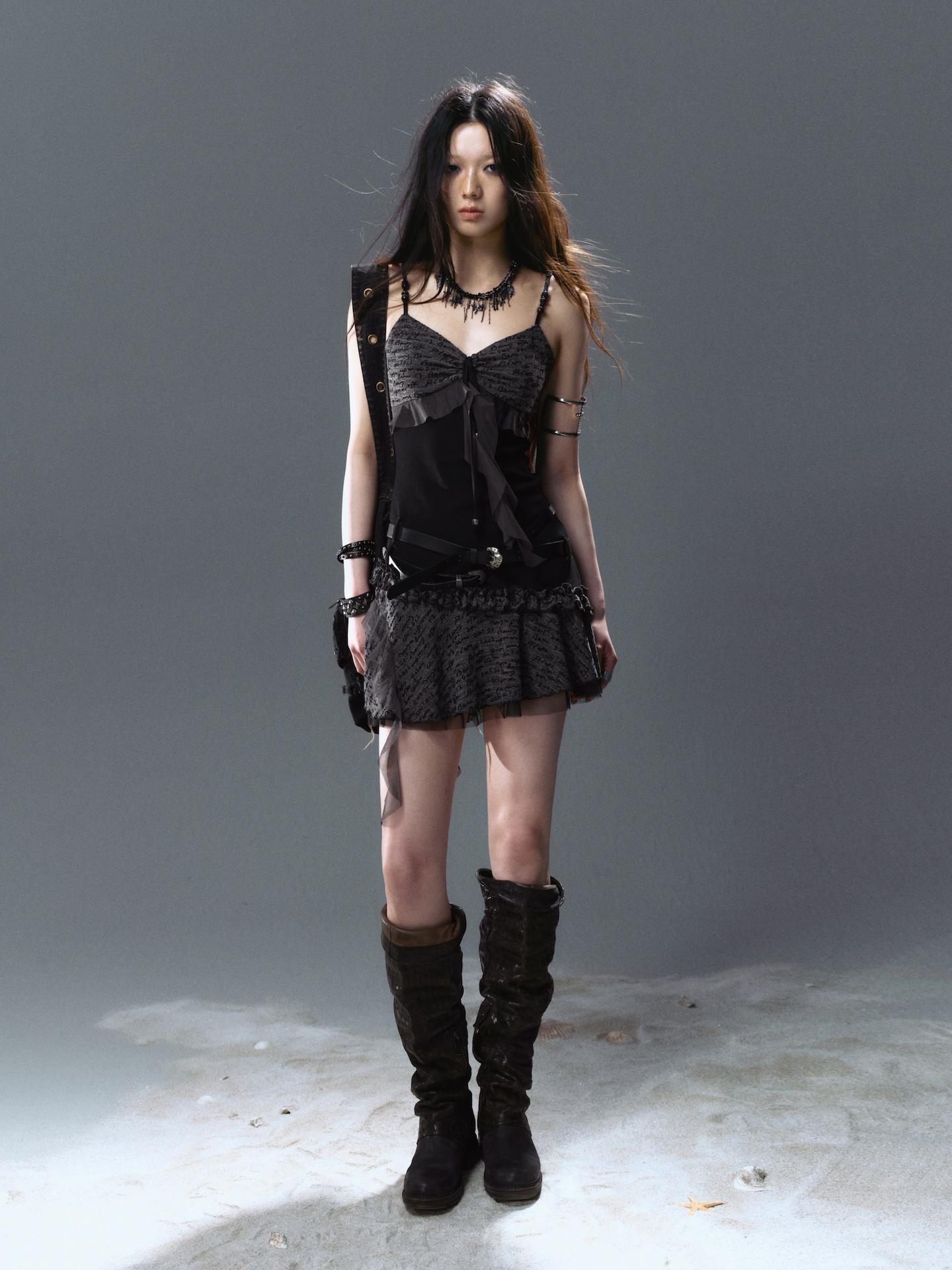 Cest Nous Ruffled Tie Waist Belt Mesh Dress