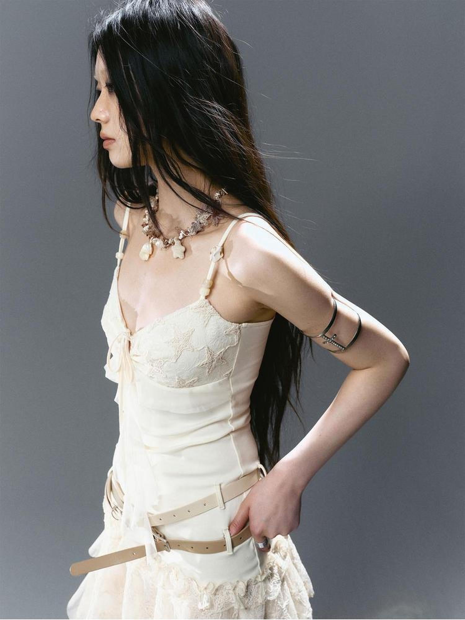 Cest Nous Ruffled Tie Waist Belt Mesh Dress