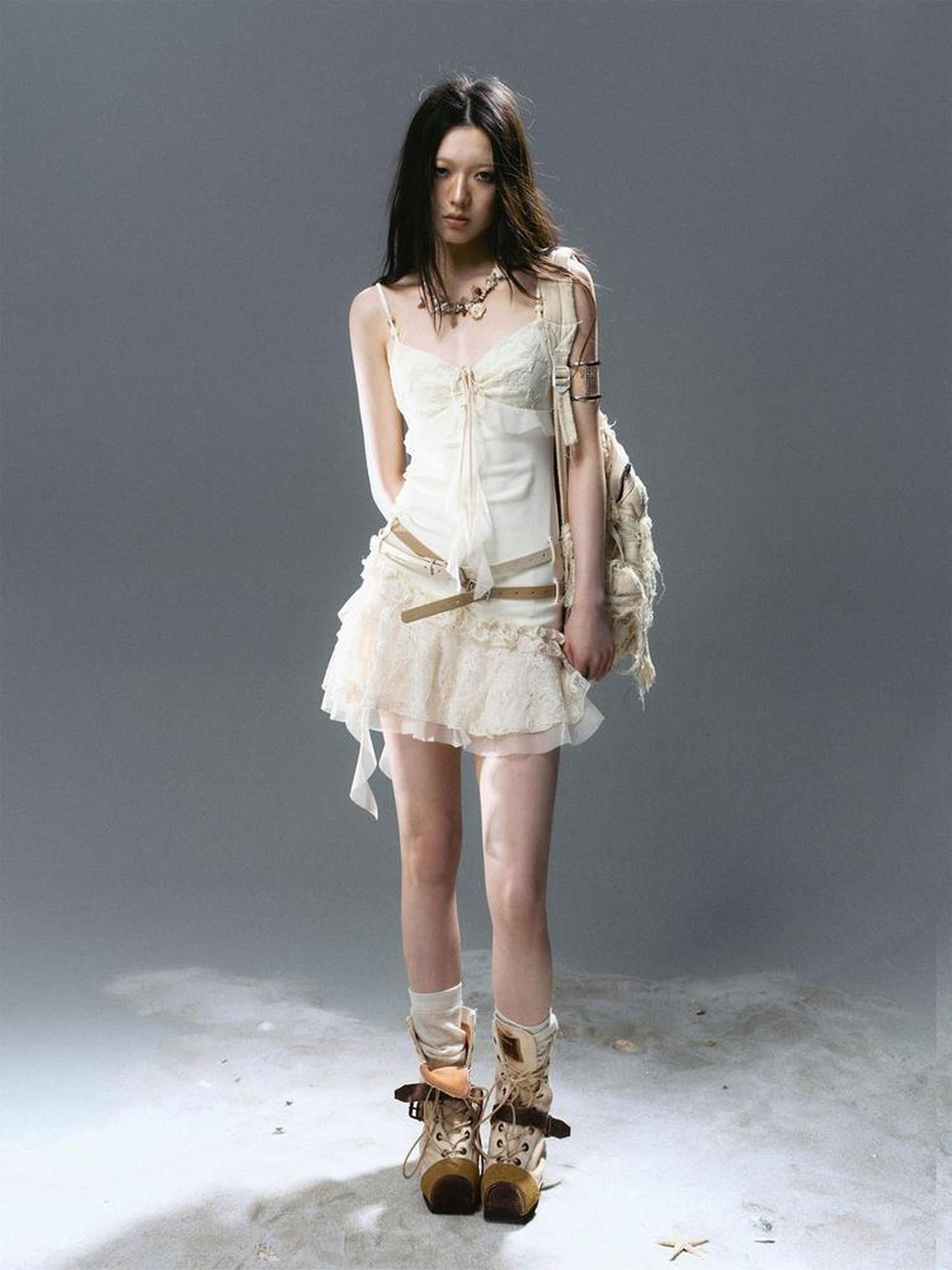 Cest Nous Ruffled Tie Waist Belt Mesh Dress