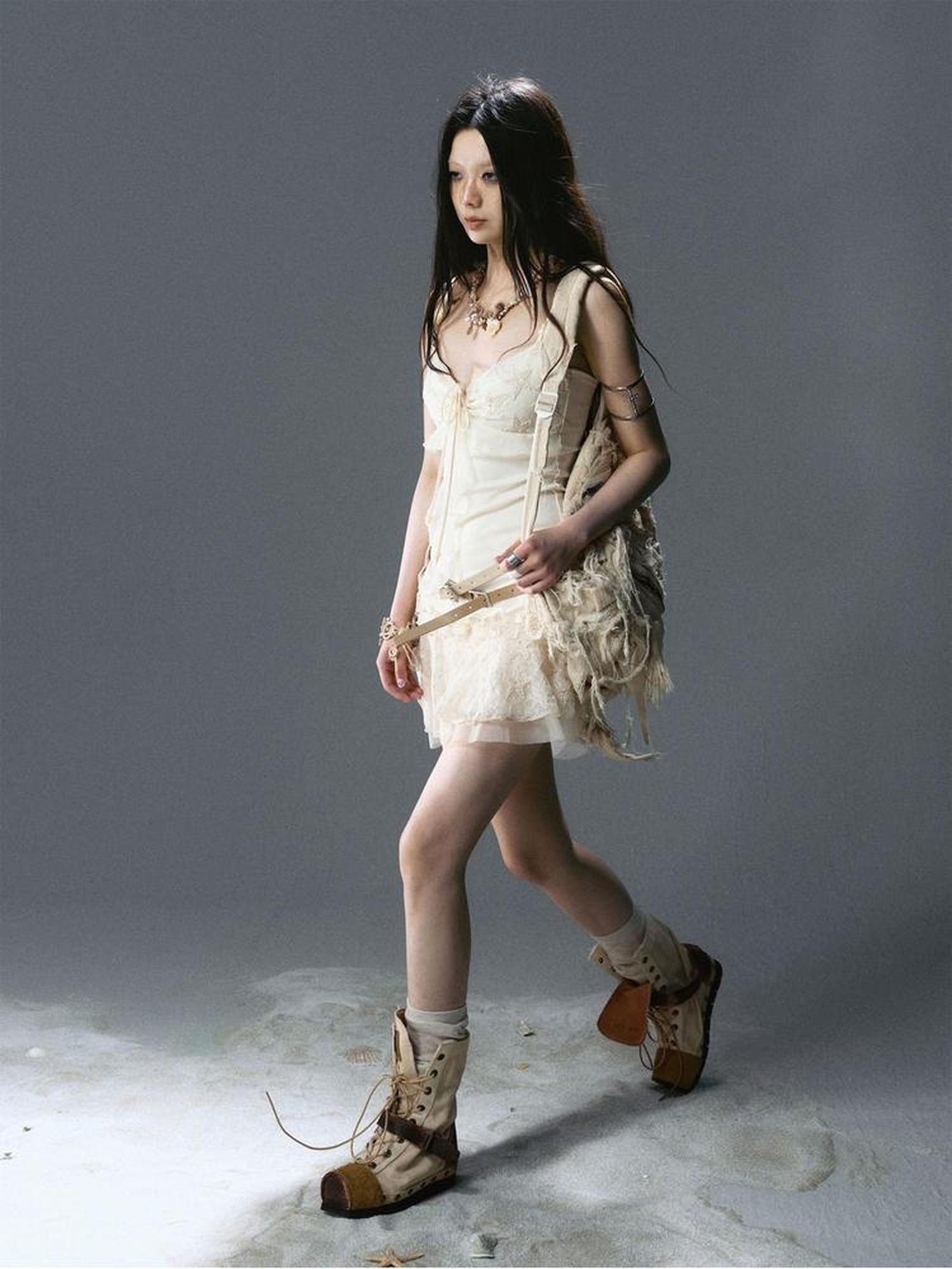 Cest Nous Ruffled Tie Waist Belt Mesh Dress