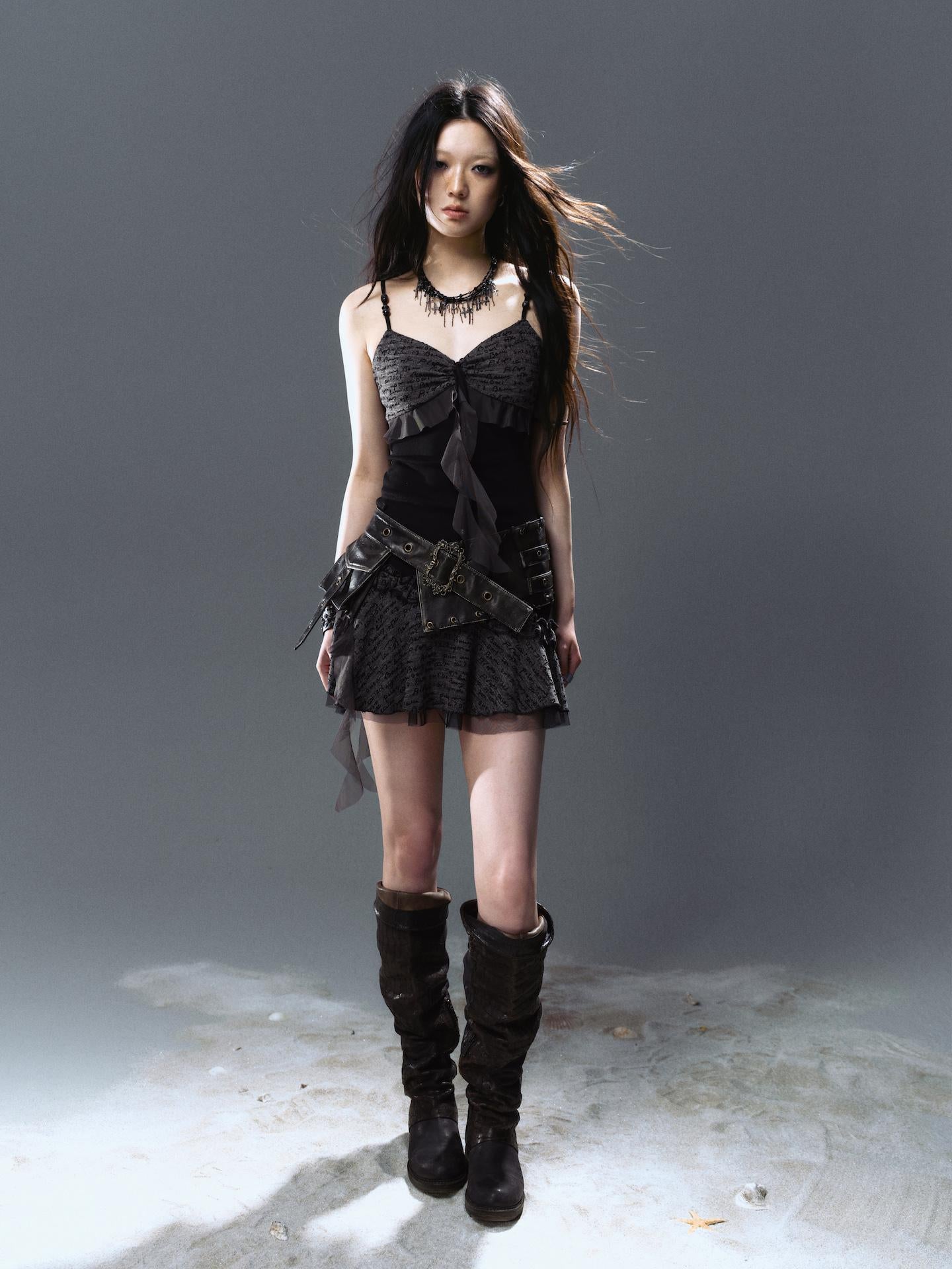 Cest Nous Ruffled Tie Waist Belt Mesh Dress