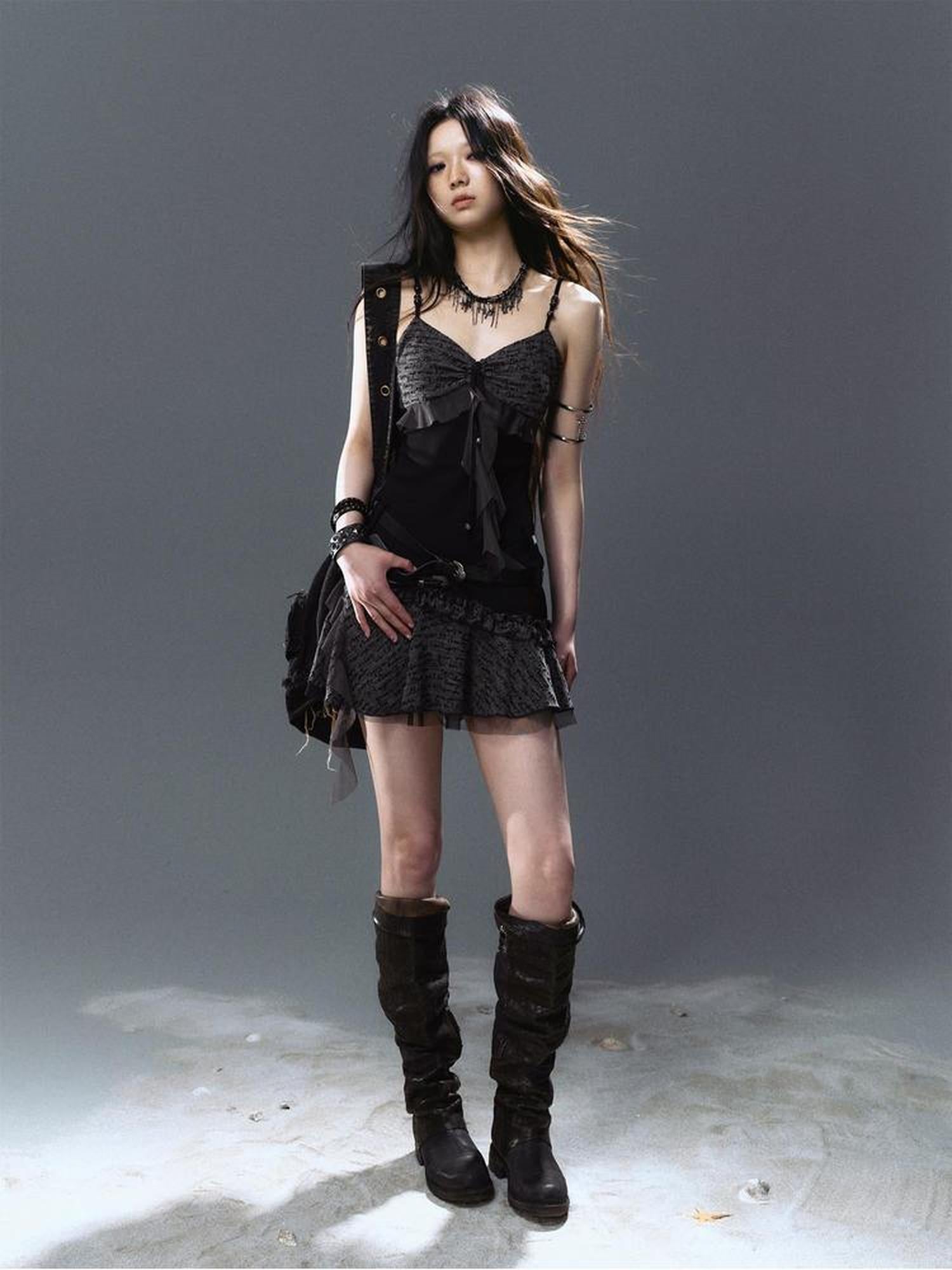Cest Nous Ruffled Tie Waist Belt Mesh Dress