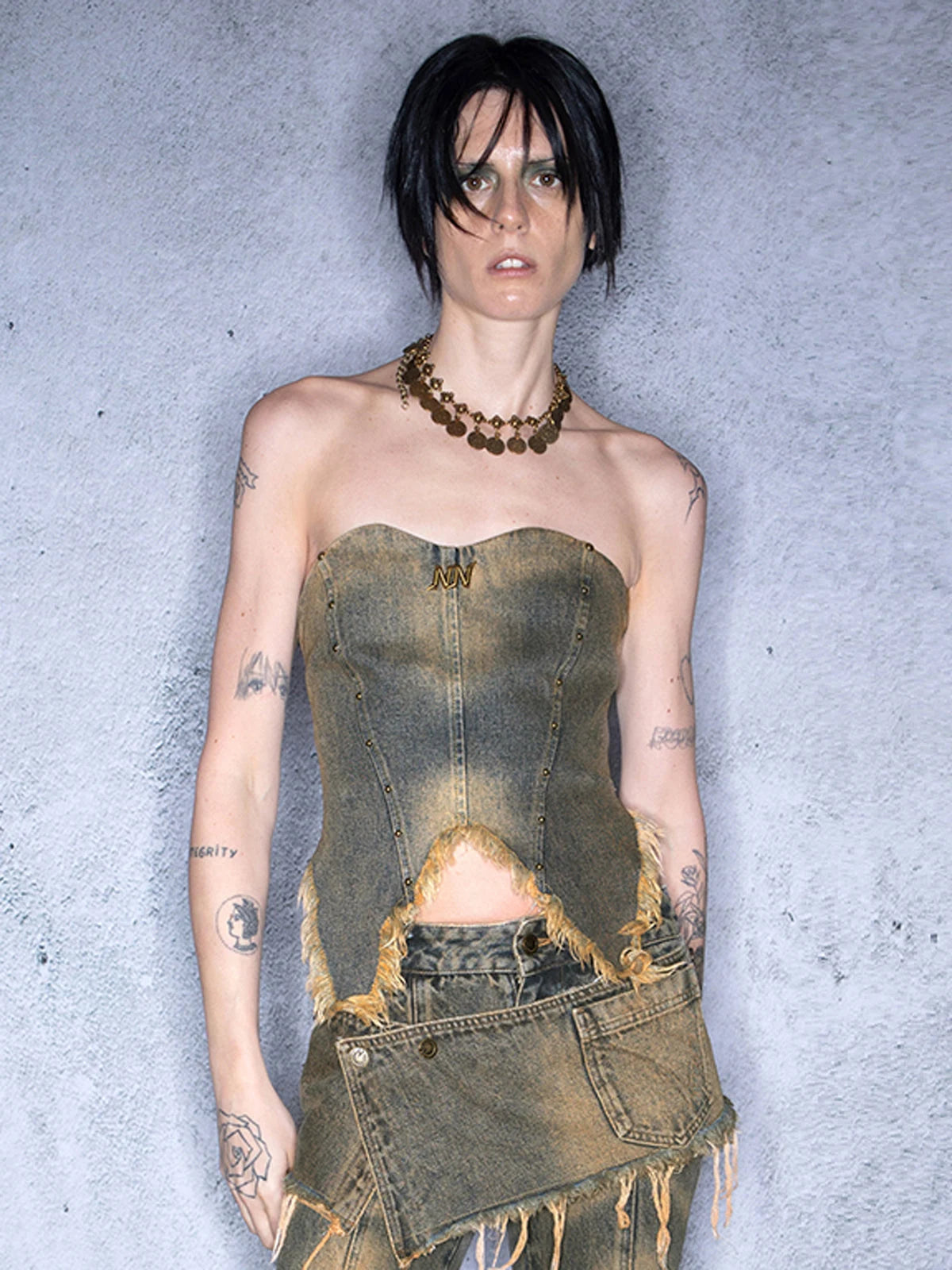 Riveted Distressed Denim Bandeau Top