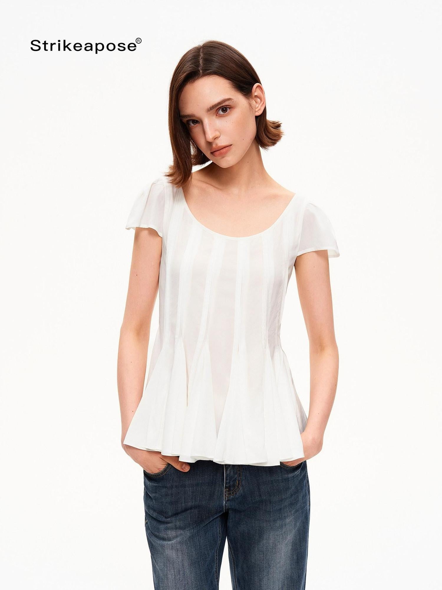 STRIKE A POSE A Line Vertical Pleated Flutter Sleeve Women&