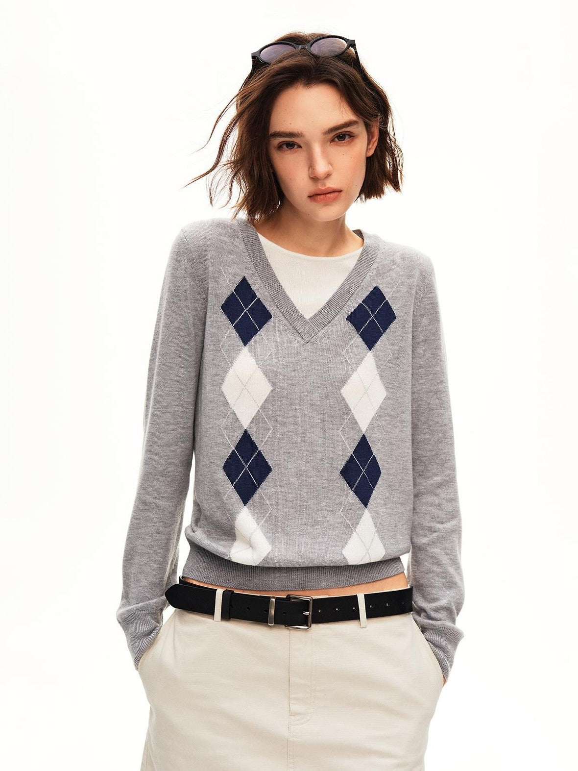 STRIKE A POSE Argyle V-neck Jacquard Faux Layered Women&