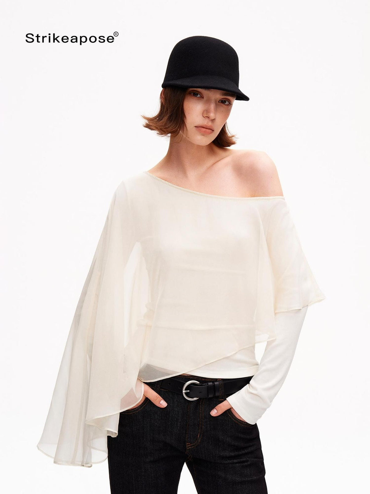 STRIKE A POSE Asymmetric Bell Sleeve Knit Women&