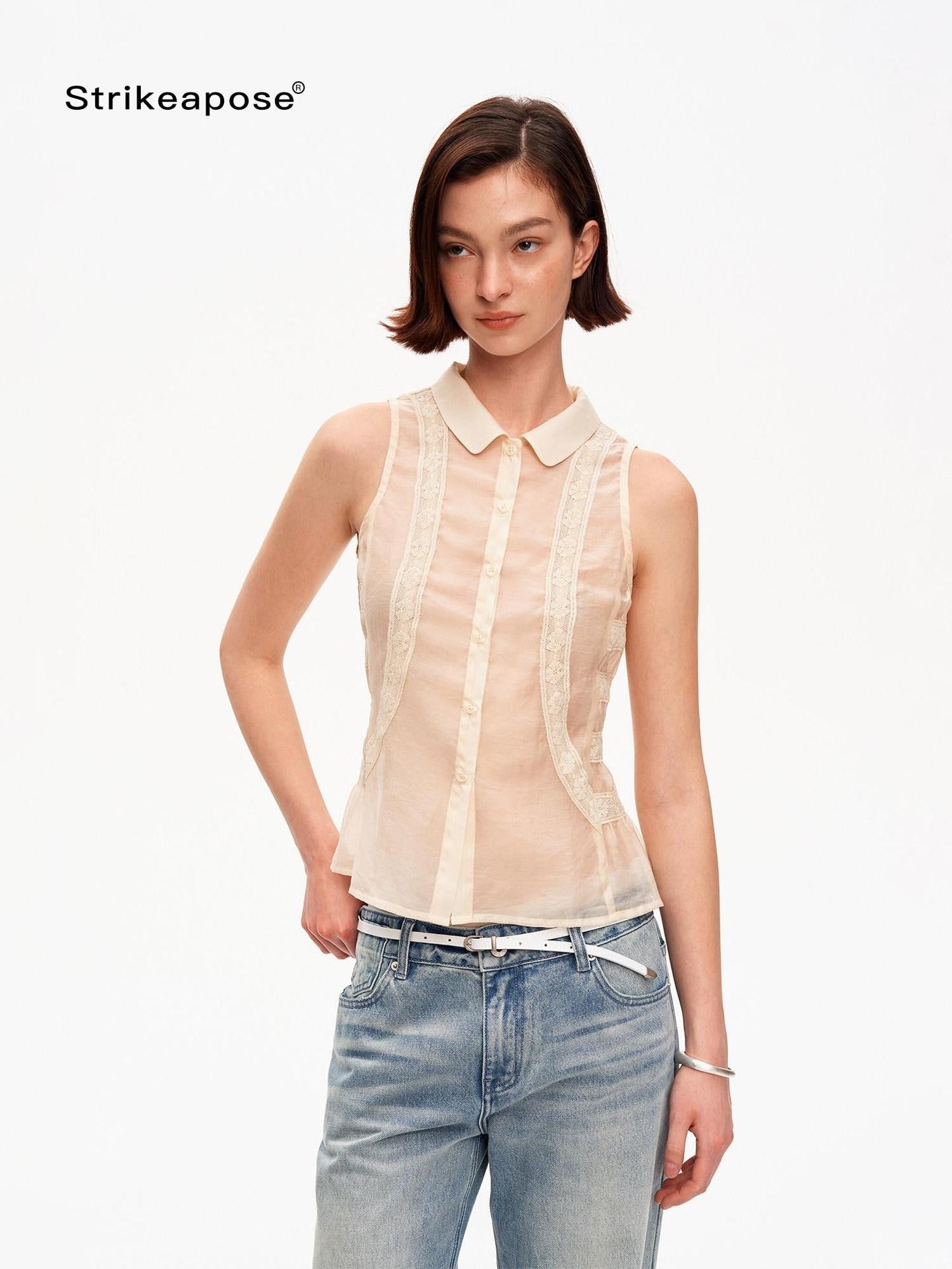 STRIKE A POSE Beige Lace Polo Collar Draped Slim Fit Women&