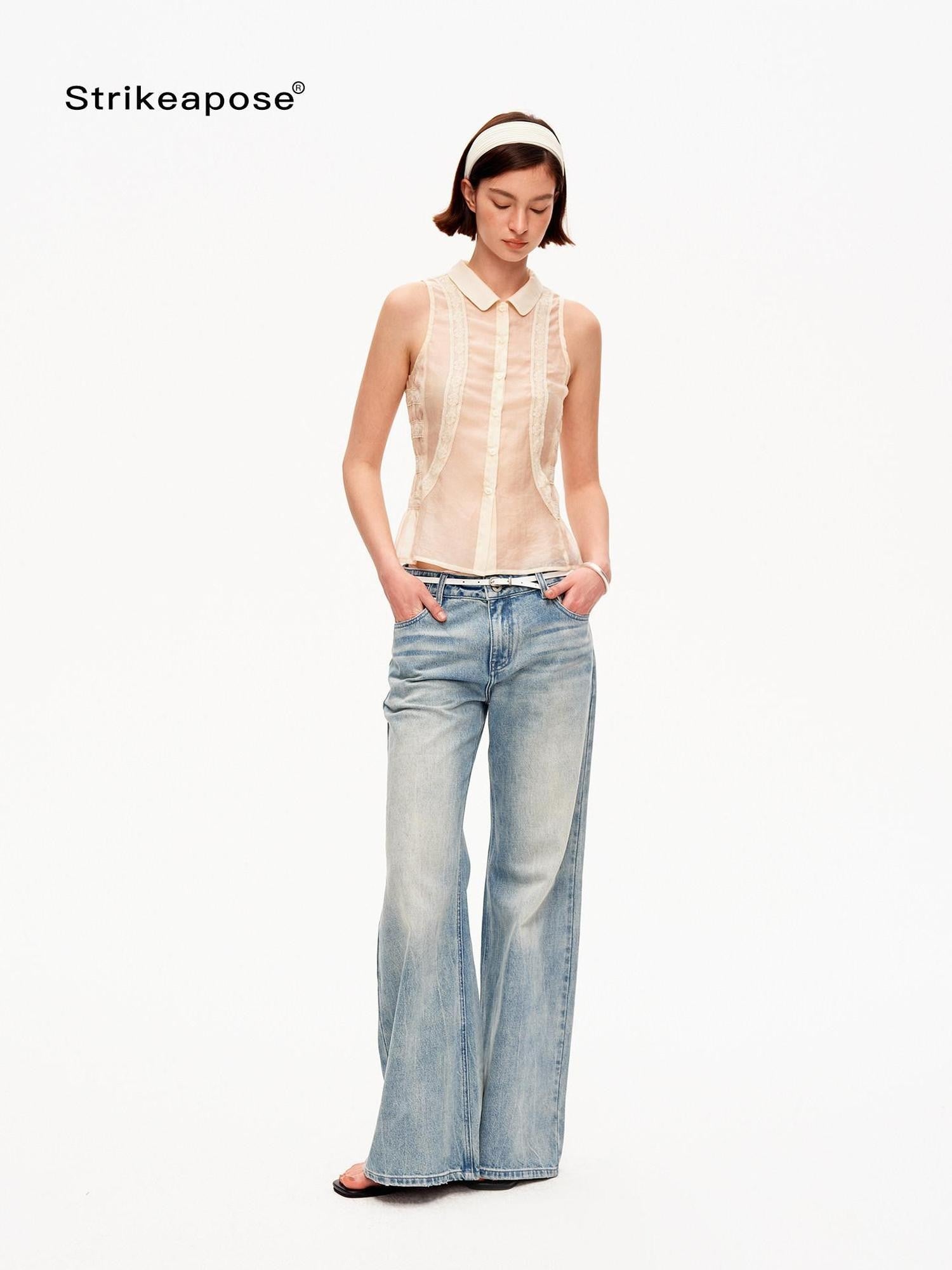 STRIKE A POSE Beige Lace Polo Collar Draped Slim Fit Women&