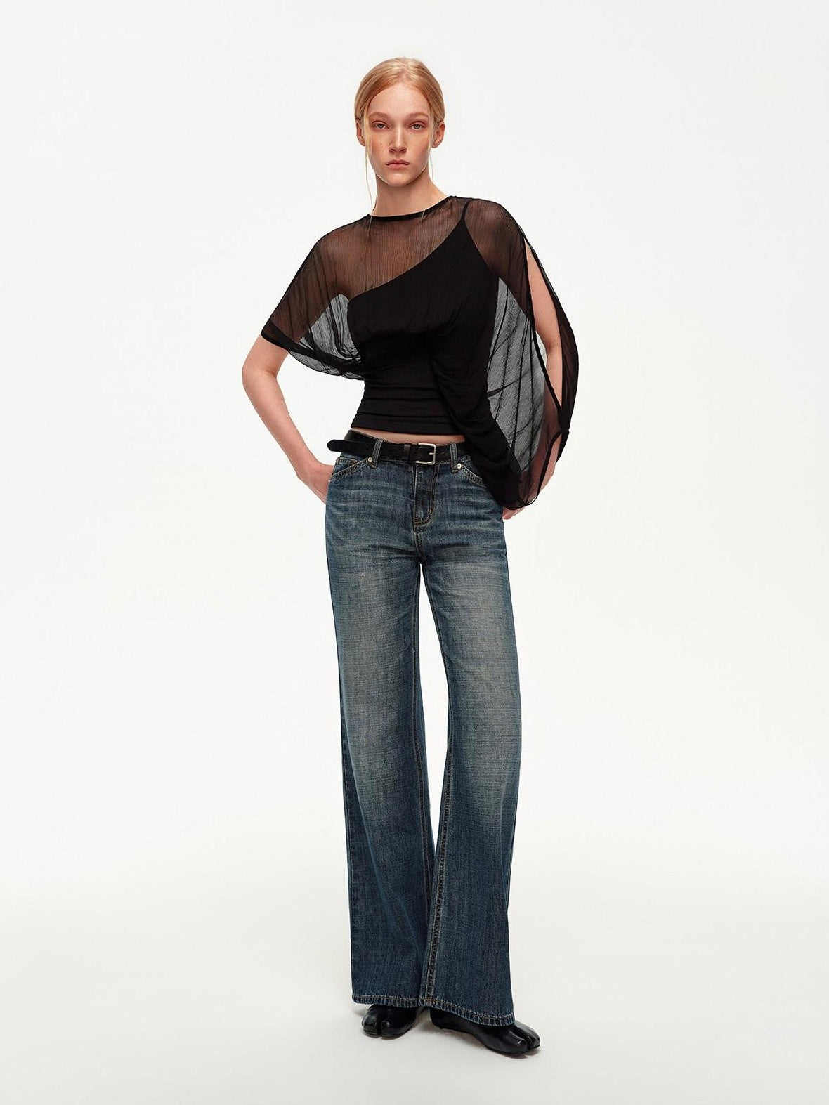 STRIKE A POSE Black Asymmetric Sheer Mesh One Shoulder Batwing Layered Women&