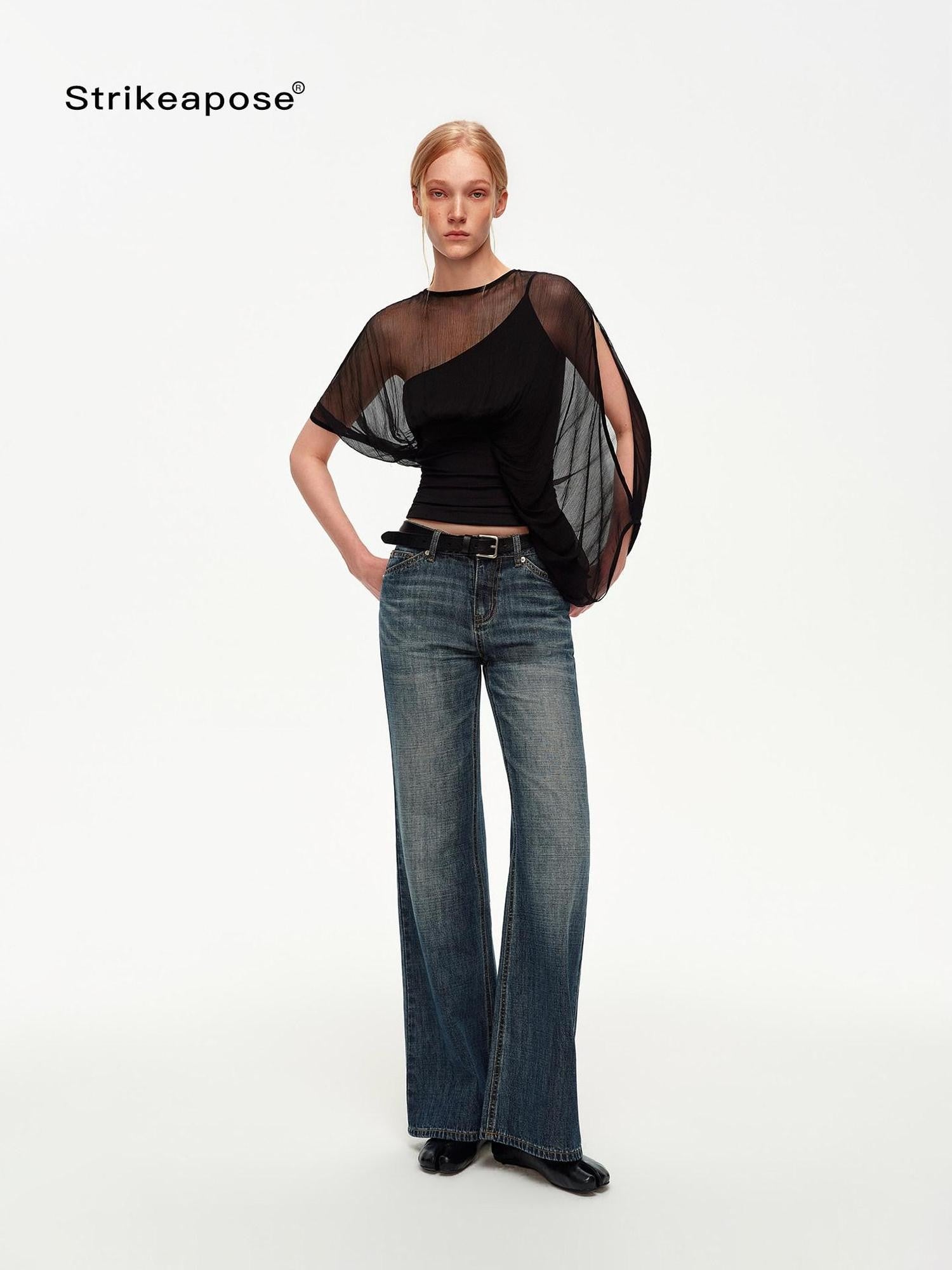 STRIKE A POSE Black Asymmetric Sheer Mesh One Shoulder Batwing Layered Women&