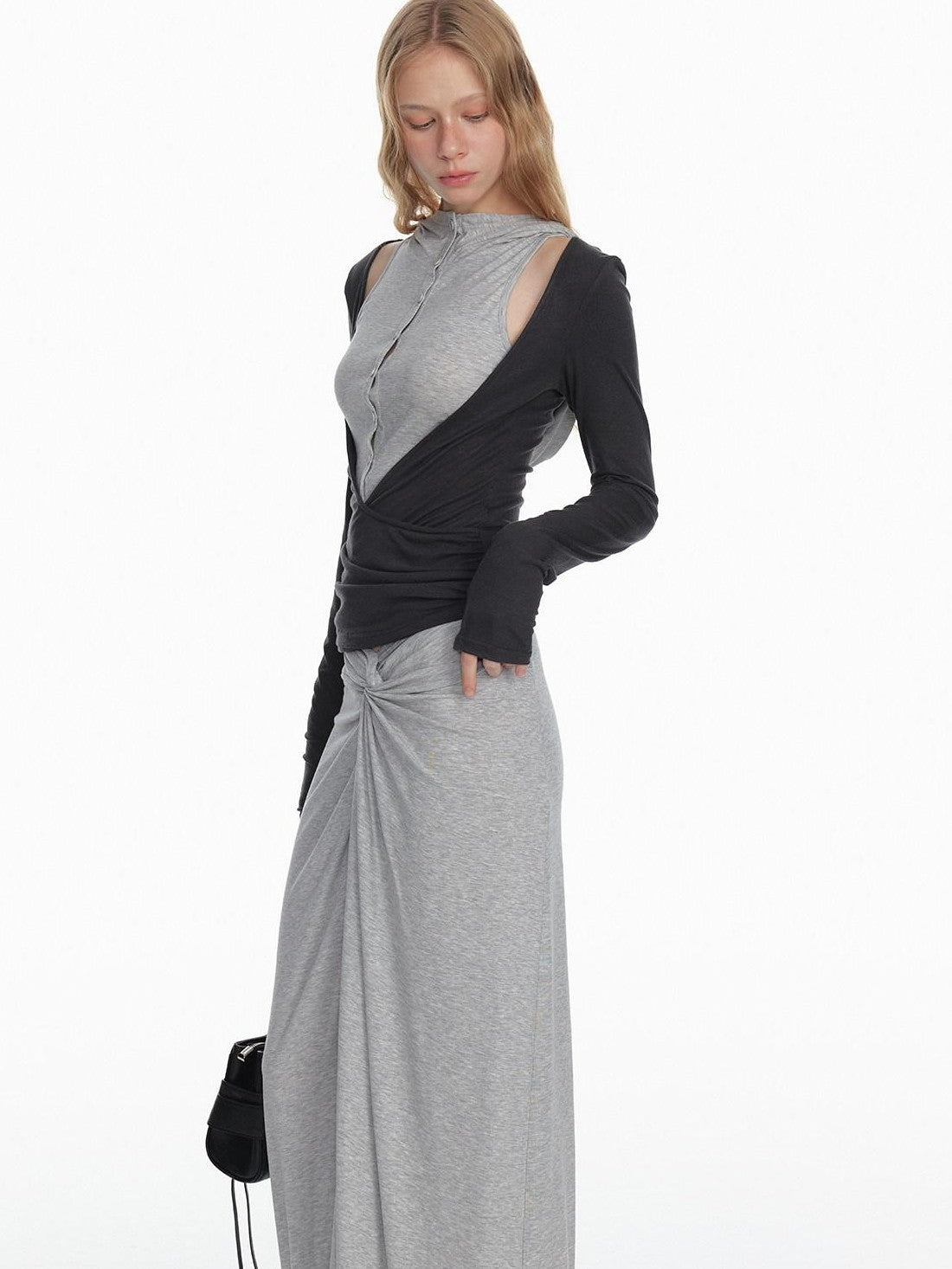 STRIKE A POSE Black Gray Deconstructed Button Hooded Knit Women&