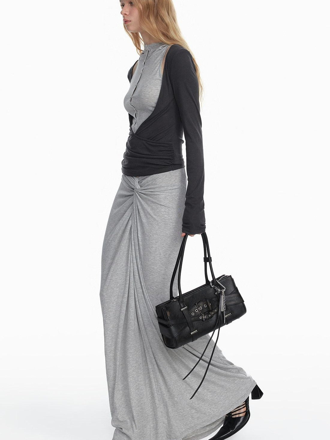 STRIKE A POSE Black Gray Deconstructed Button Hooded Knit Women&