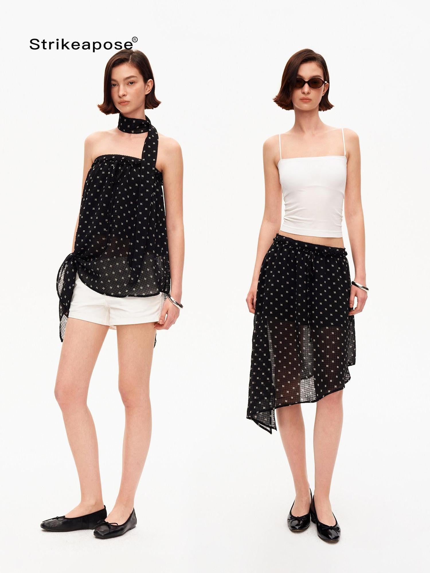 STRIKE A POSE Black Polka Dot Print Halter Neck Loose A Line Women&
