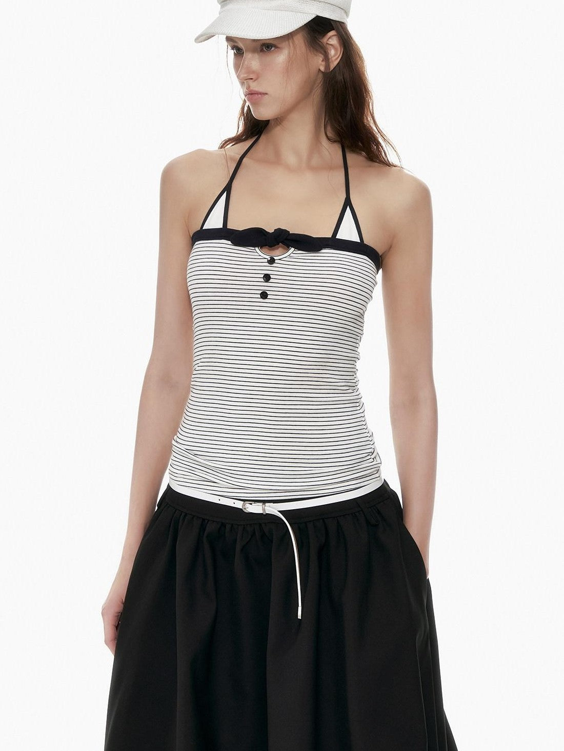 STRIKE A POSE Black White Contrast Stripe Faux Layered Slim Cinched Waist Women&