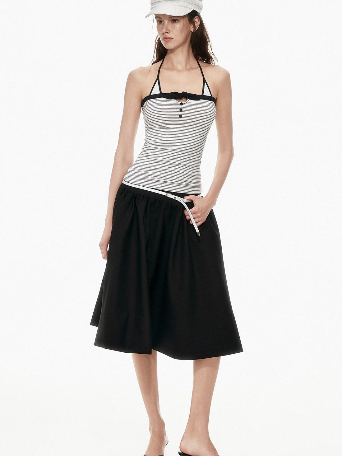 STRIKE A POSE Black White Contrast Stripe Faux Layered Slim Cinched Waist Women&